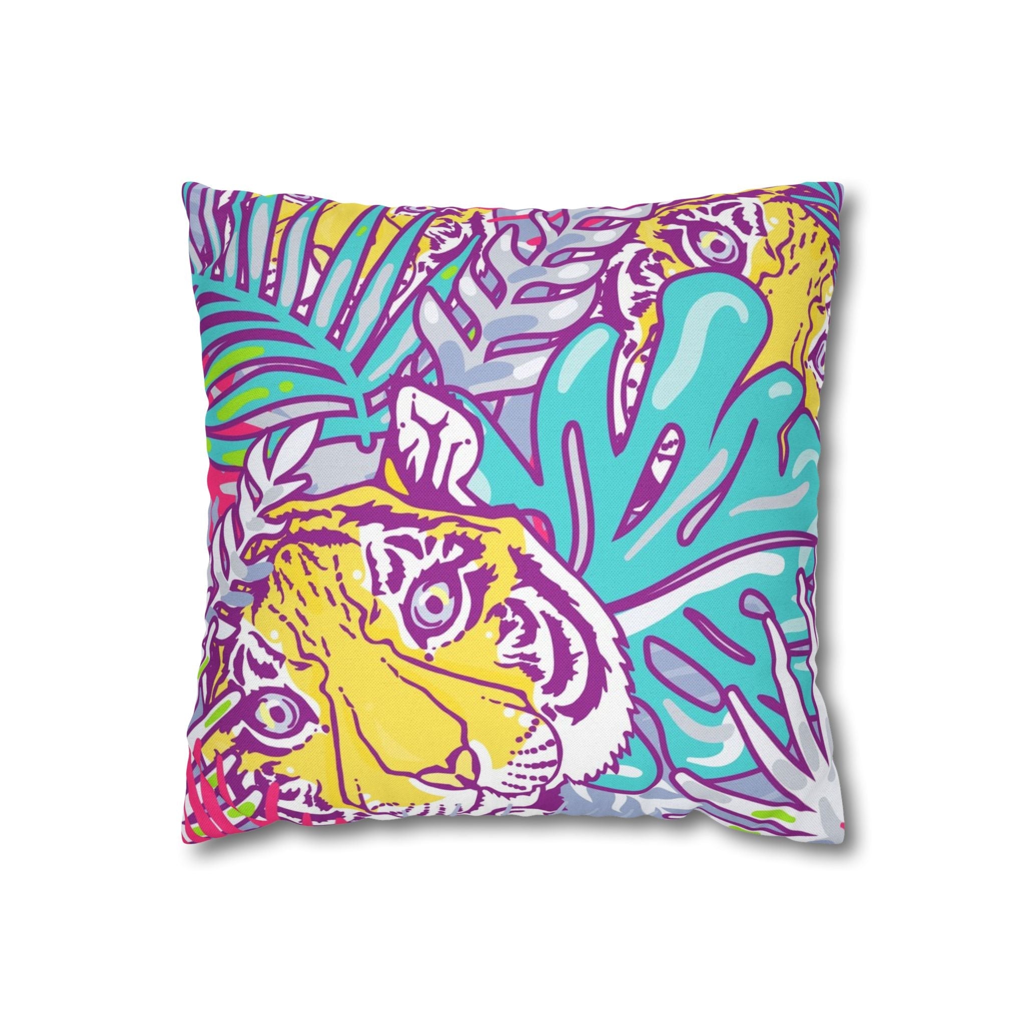 Vibrant Tropical Tiger Pillow, Artsulli - Art is Long, Life is Short, Home Decor, Size, 14" × 14", , , , , 16012395779995061313