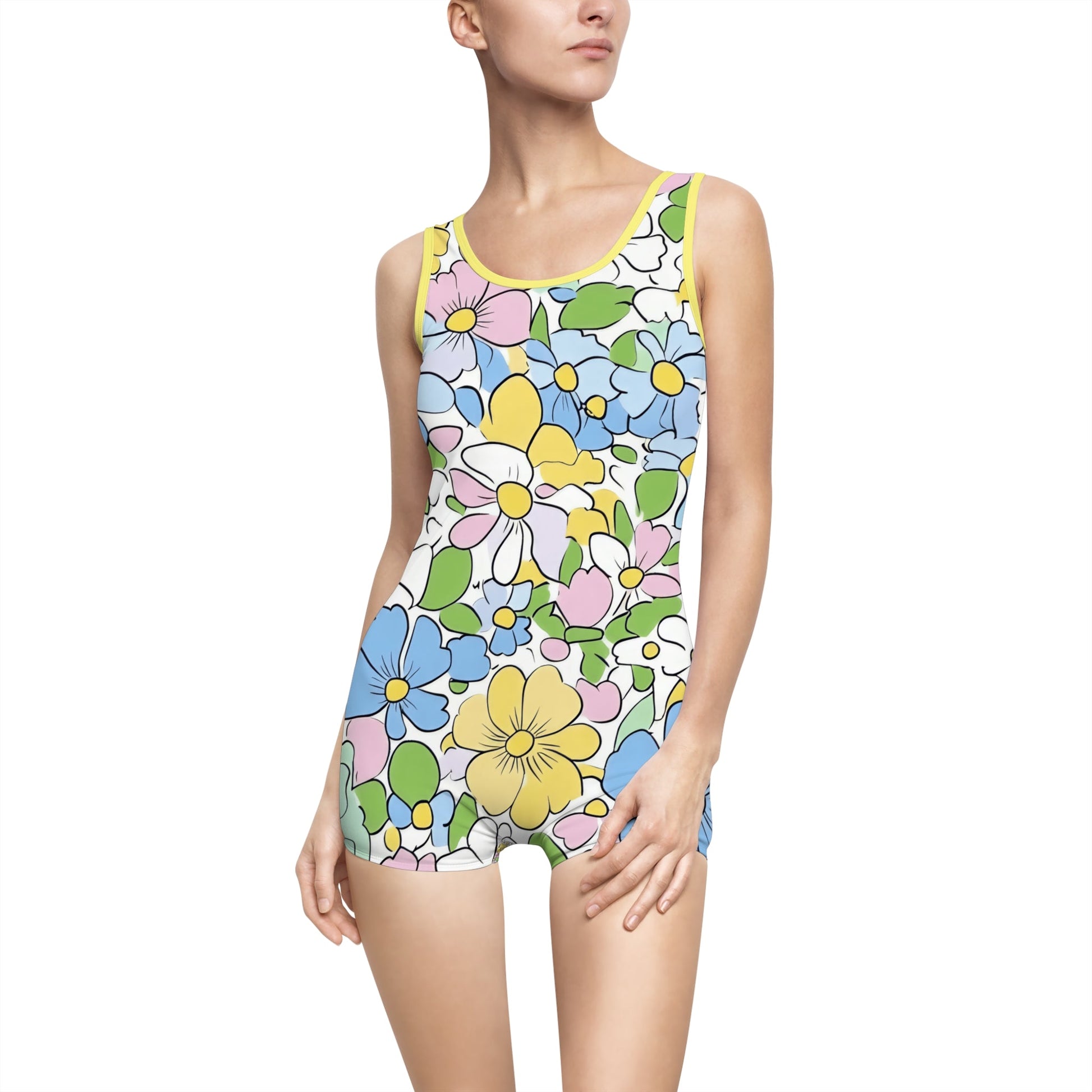 Vintage Floral One-Piece Swimsuit, Artsulli - Art is Long, Life is Short, All Over Prints, Color, Yellow, Size, XS, , , 31936291980311517039