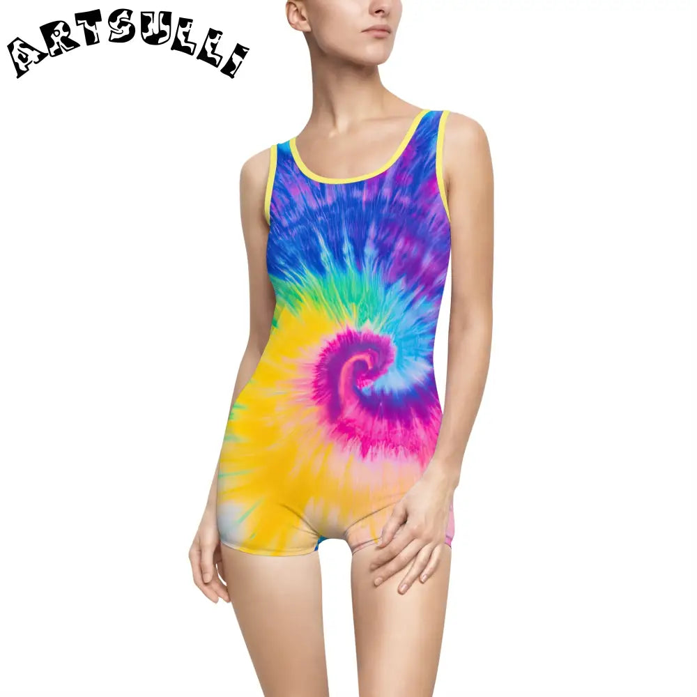 Vintage Tie-Dye One-Piece Swimsuit, Artsulli - Art is Long, Life is Short, All Over Prints, Color, Yellow, Size, XS, , , 33163980411064901402