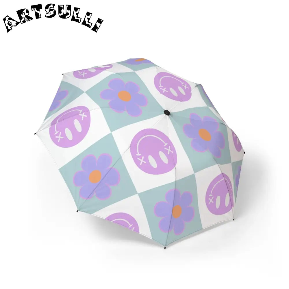 Waterproof Flower x Smiley Checkerboard Umbrella, Artsulli - Art is Long, Life is Short, Accessories, Size, One size, , , , , 31407707414262