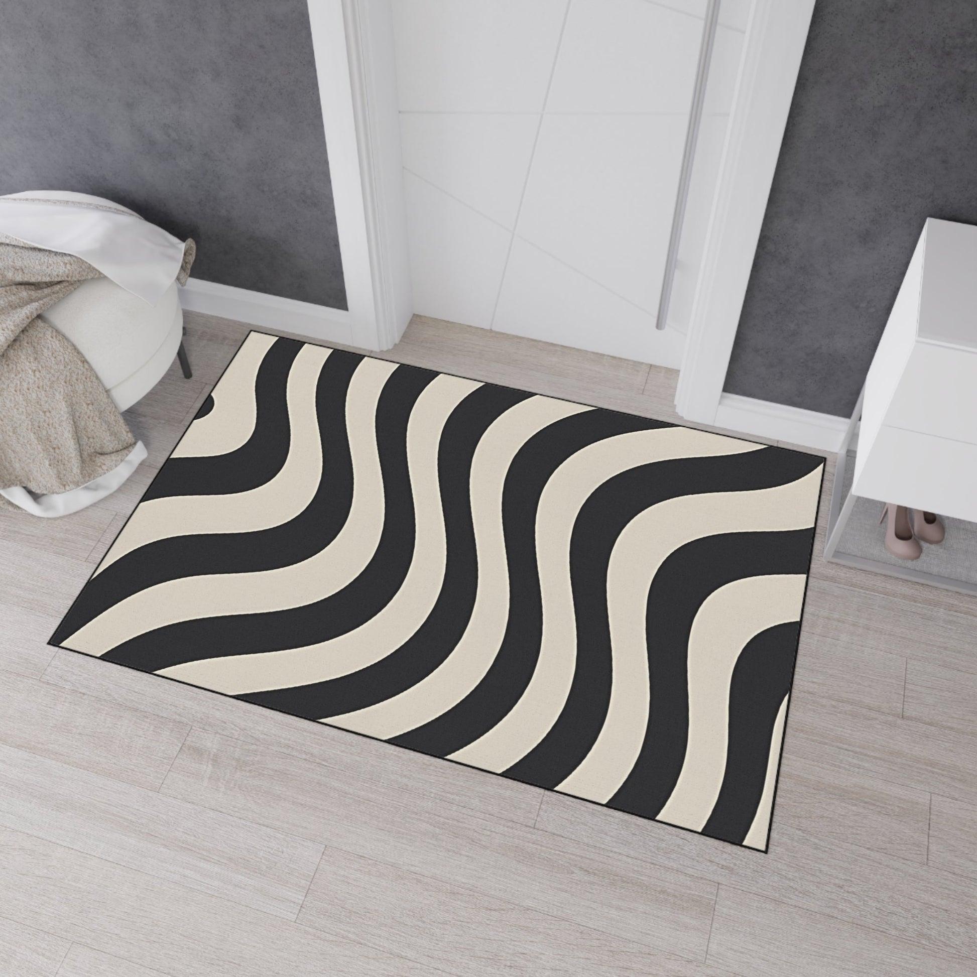 Printify Wavy Black and Cream Striped Area Rug 2025