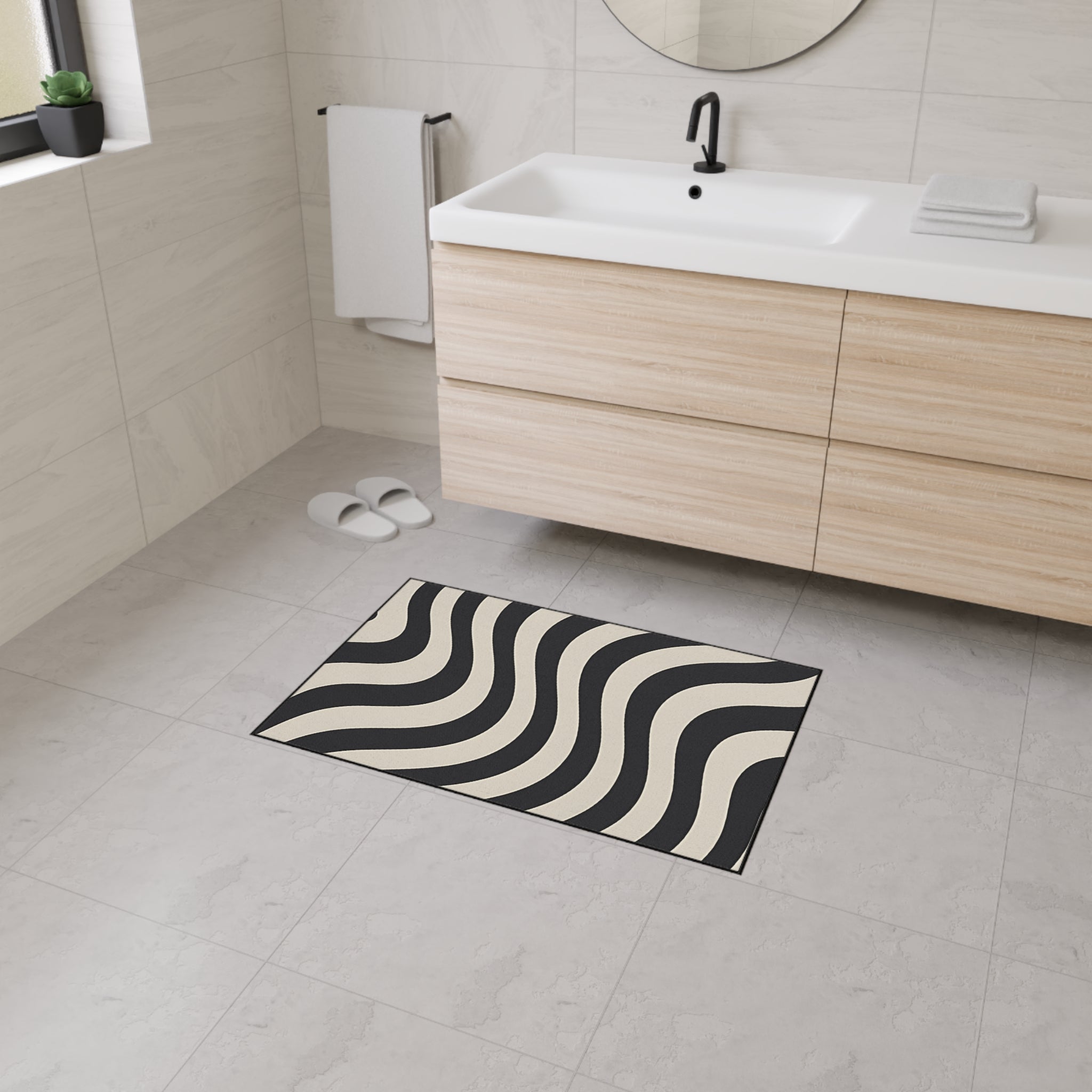 Printify Wavy Black and Cream Striped Area Rug 2025