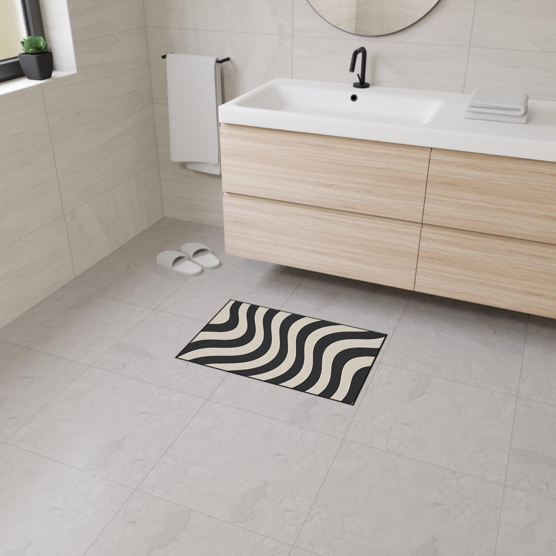 Printify Wavy Black and Cream Striped Area Rug 2025