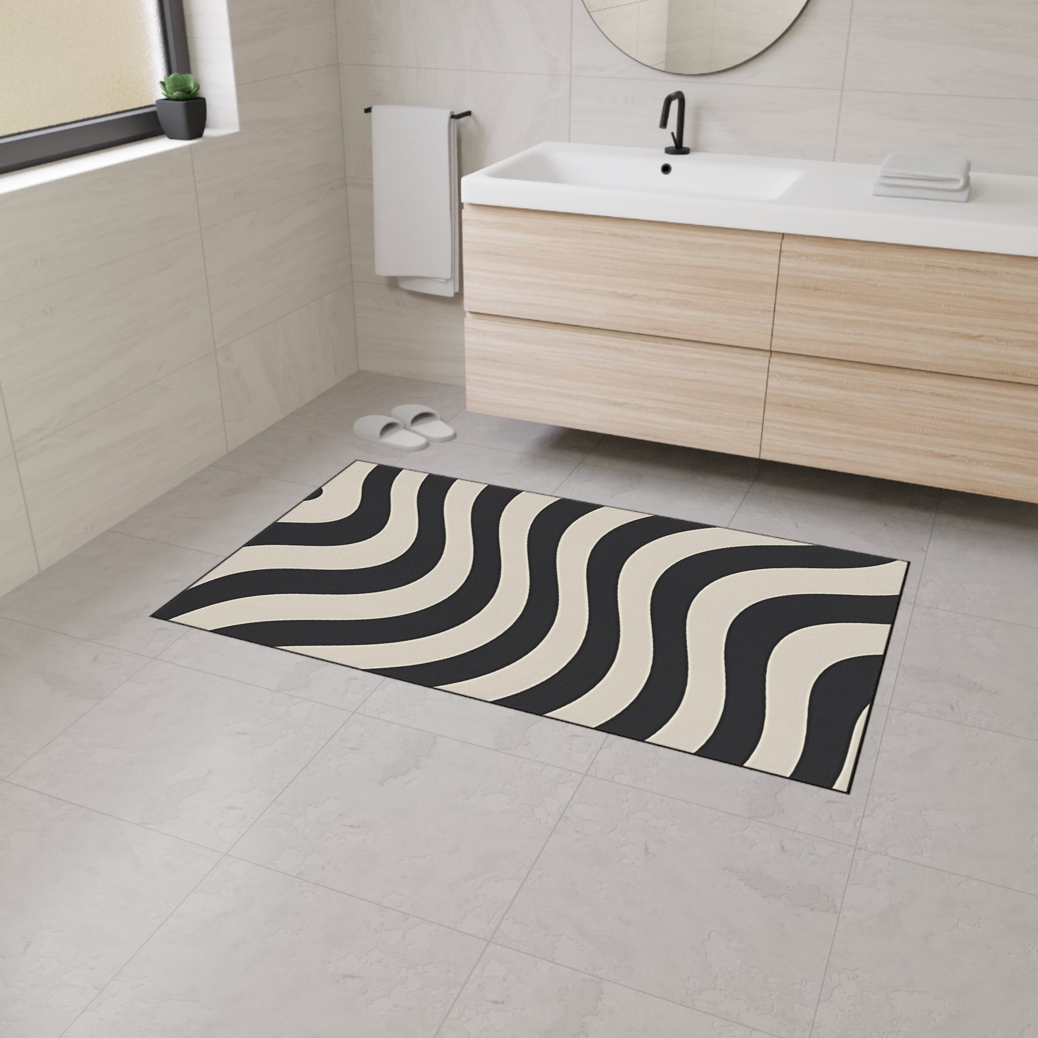 Printify Wavy Black and Cream Striped Area Rug 2025