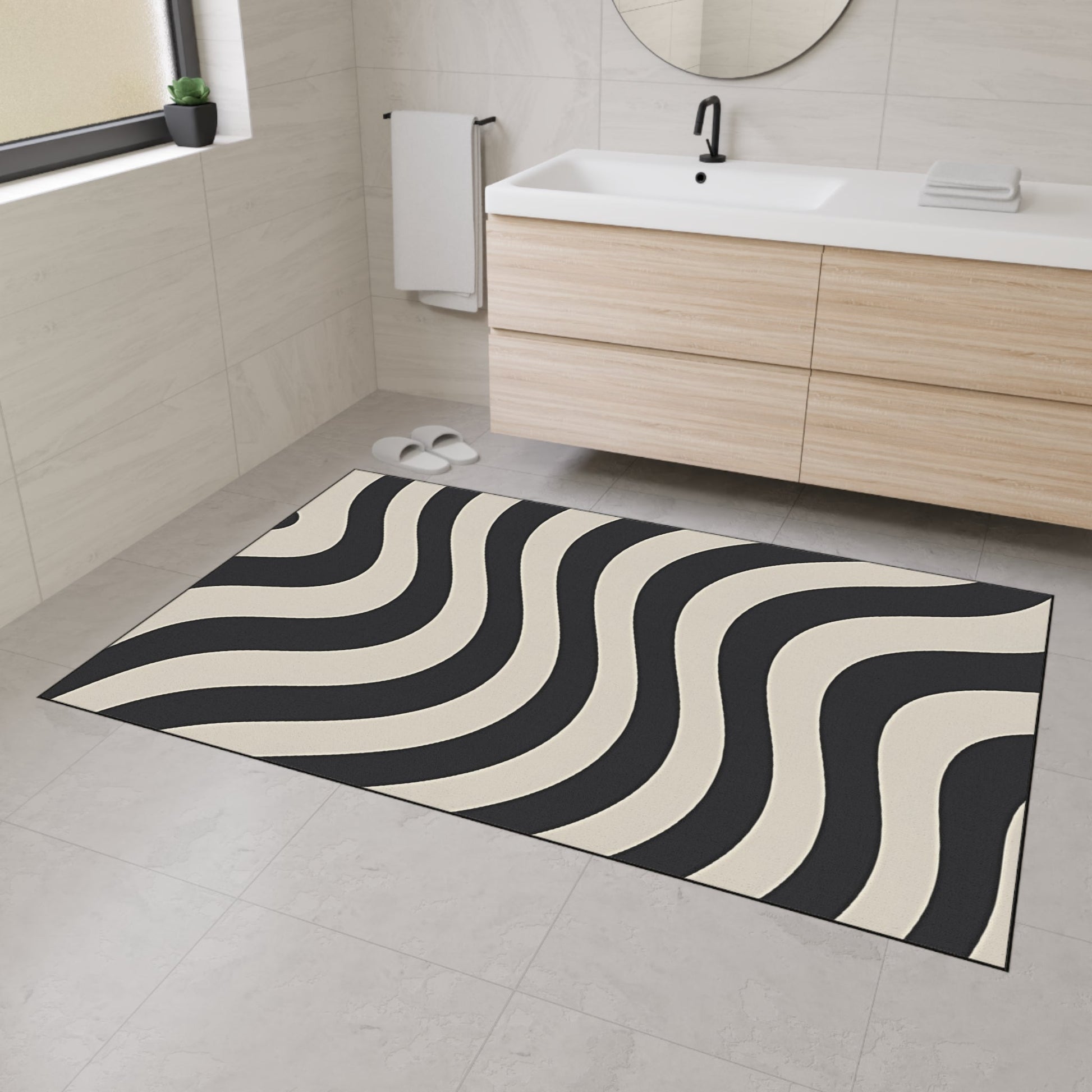 Printify Wavy Black and Cream Striped Area Rug 2025