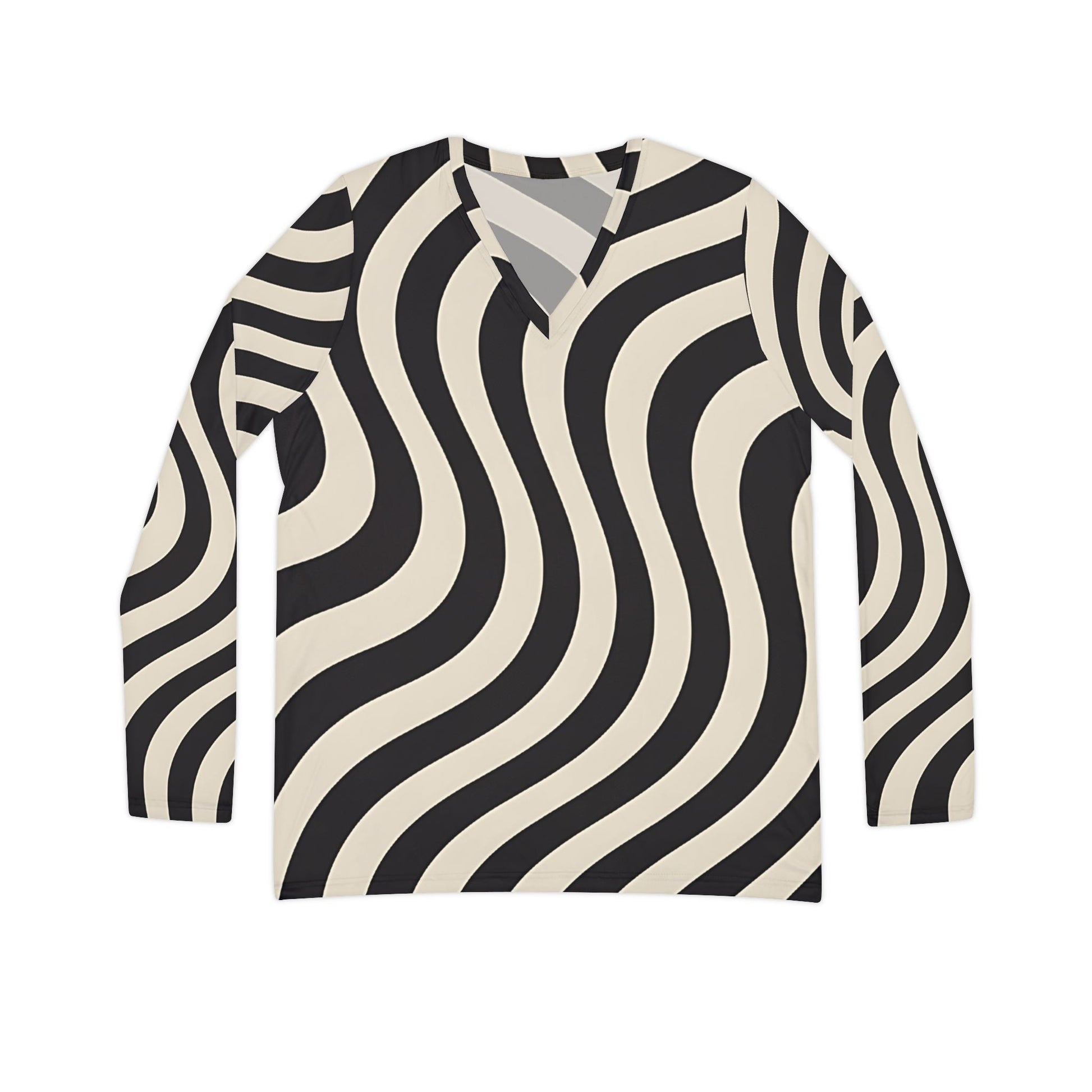 Wavy Stripe V-Neck Long Sleeve Shirt, Artsulli - Art is Long, Life is Short, All Over Prints, Size, XS, , , , , 26780744537201305422