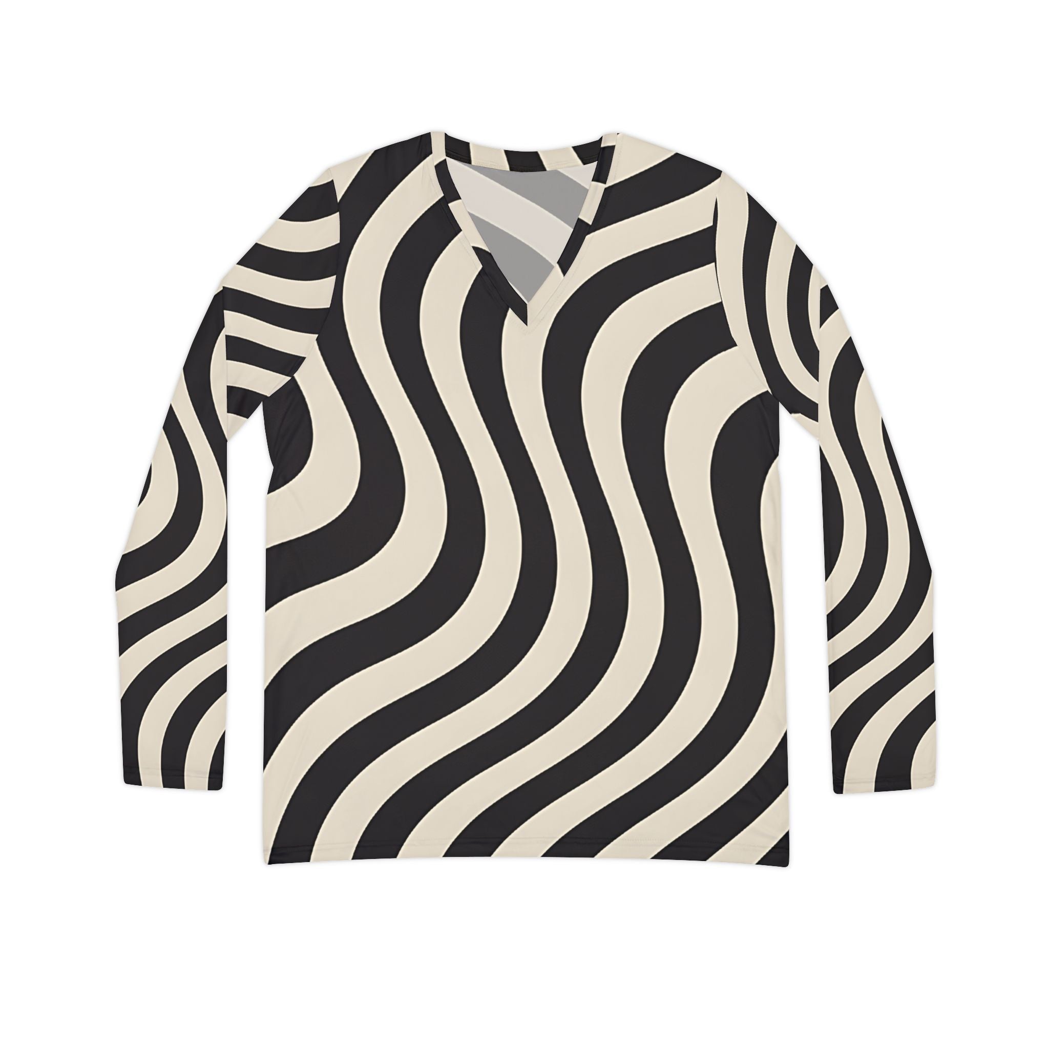Wavy Stripe V-Neck Long Sleeve Shirt, Artsulli - Art is Long, Life is Short, All Over Prints, Size, XS, , , , , 26780744537201305422