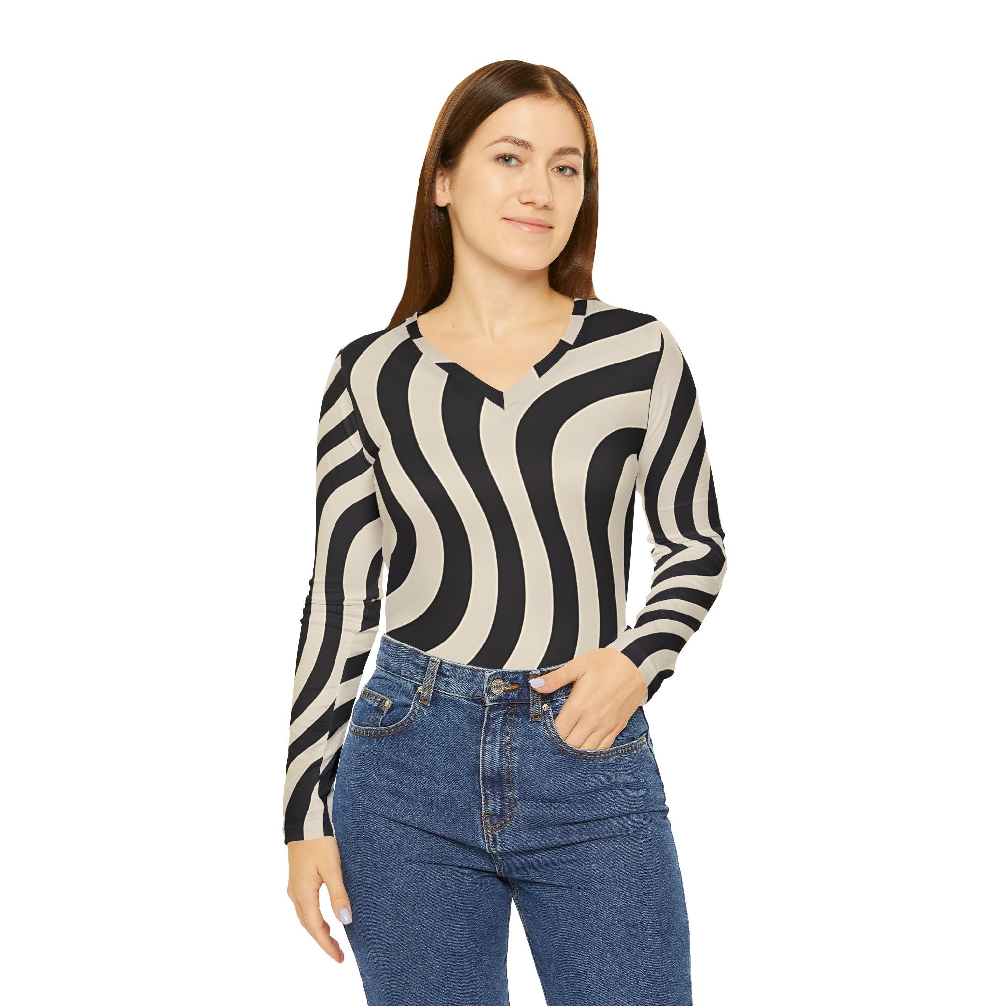 Wavy Stripe V-Neck Long Sleeve Shirt, Artsulli - Art is Long, Life is Short, All Over Prints, , , , , , , 