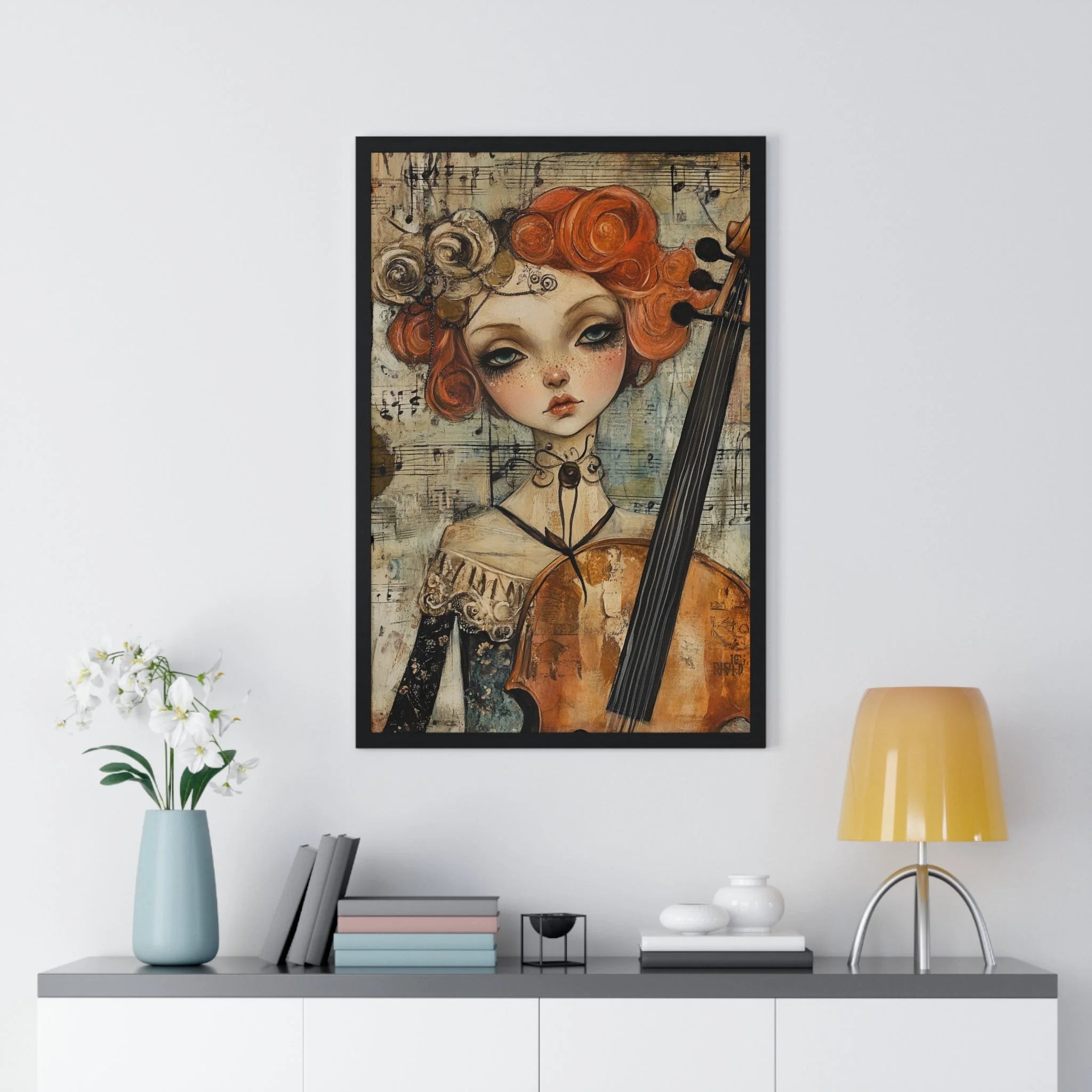 Buy The Best black framed artwork woman cello By Artsulli x Color Printify - Whimsical Cellist Framed Art Print - 2025