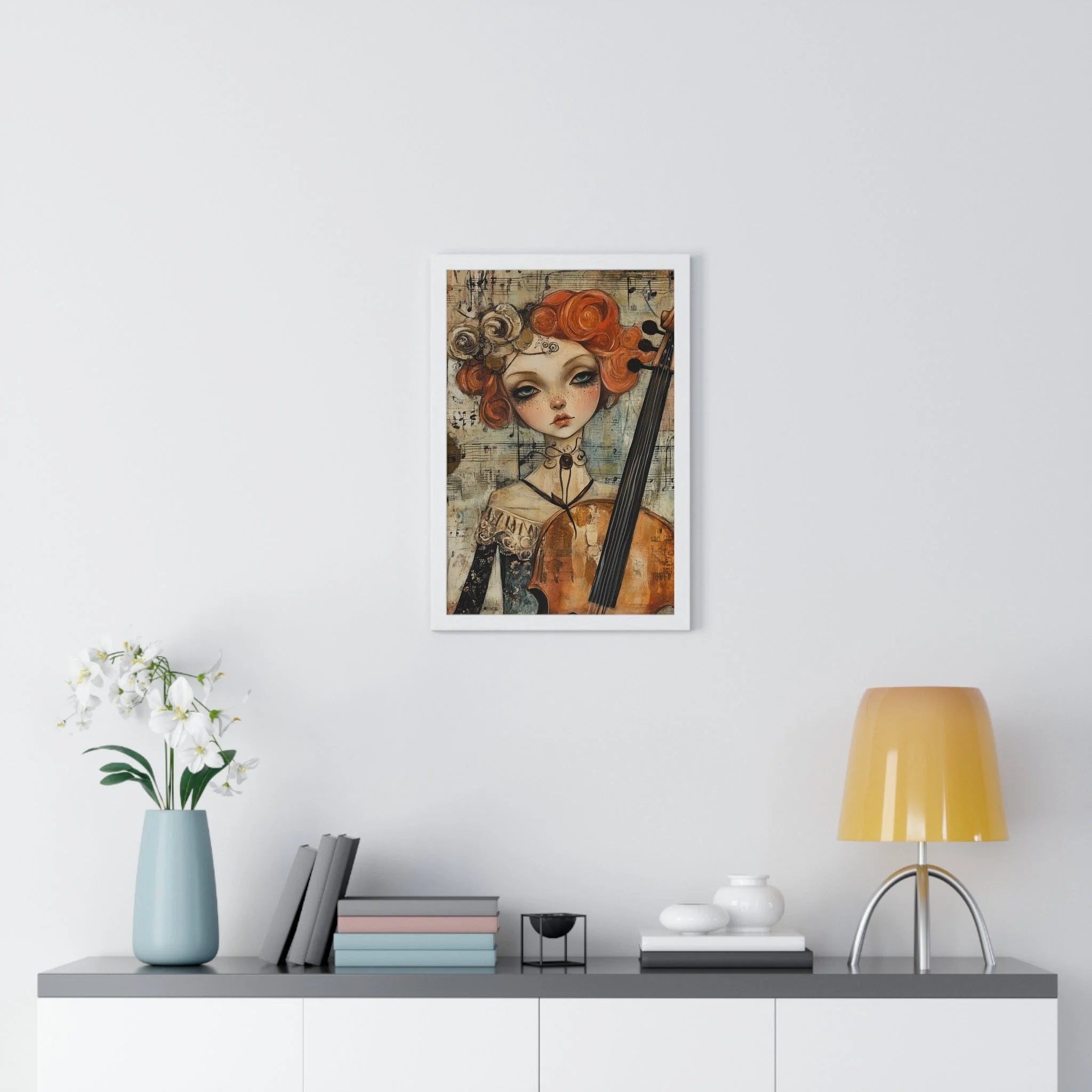 Buy The Best white framed artwork whimsical character By Artsulli x Color Printify - Whimsical Cellist Framed Art Print - 2025