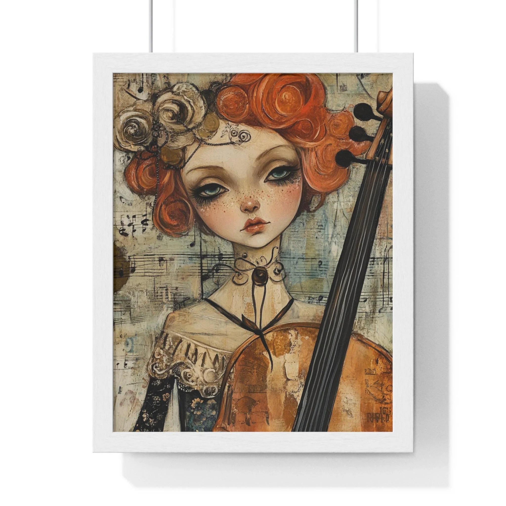 Buy The Best red-haired woman cello vintage-style clothing By Artsulli x Color Printify - Whimsical Cellist Framed Art Print - 2025