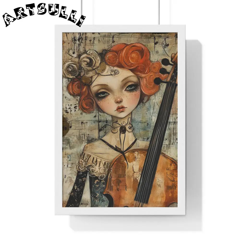 Whimsical Cellist Framed Art Print, Artsulli - Art is Long, Life is Short, Poster, Size, 12″ x 18″, Color, White, , , 24003215771943513521