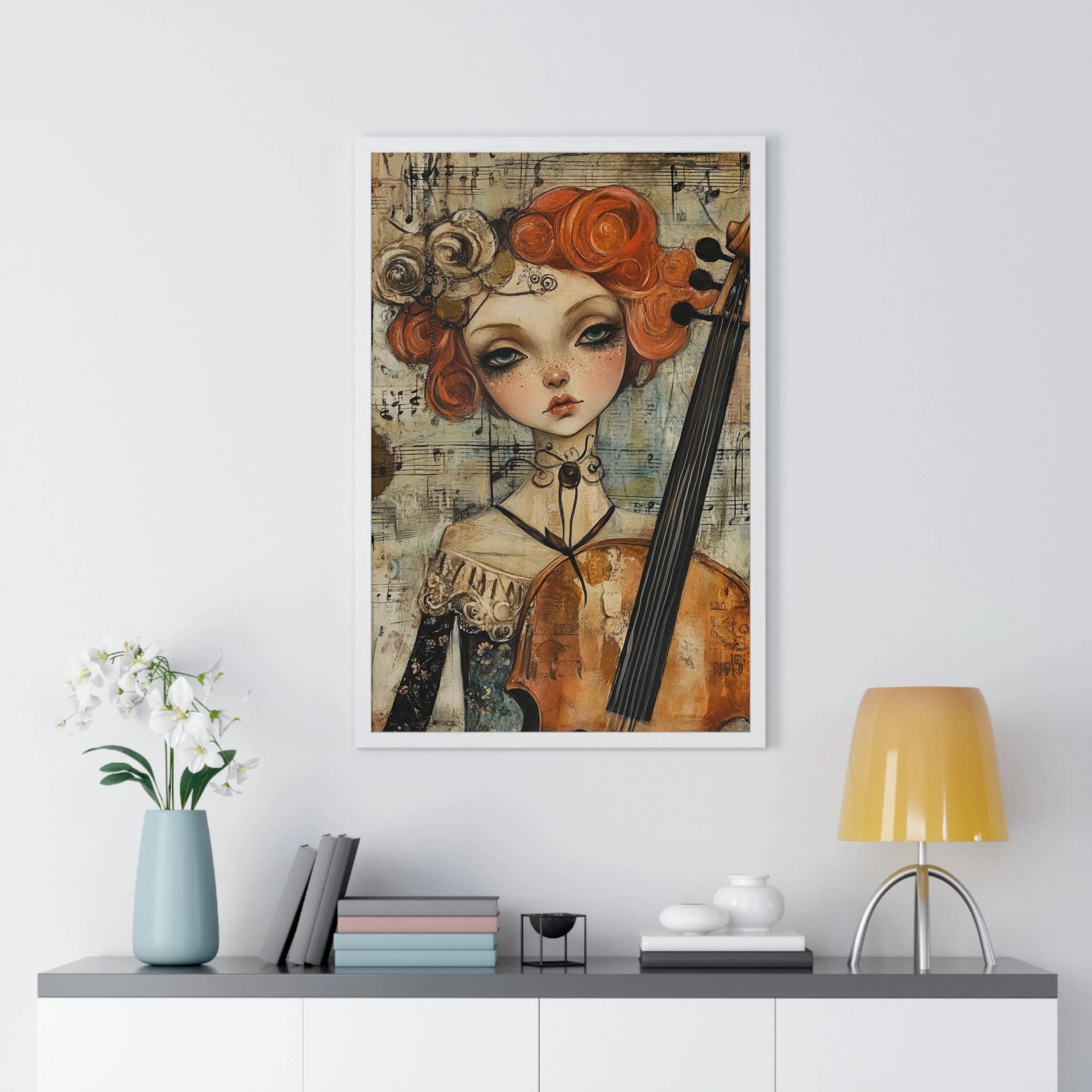 Buy The Best white framed cello art print By Artsulli x Color Printify - Whimsical Cellist Framed Art Print - 2025
