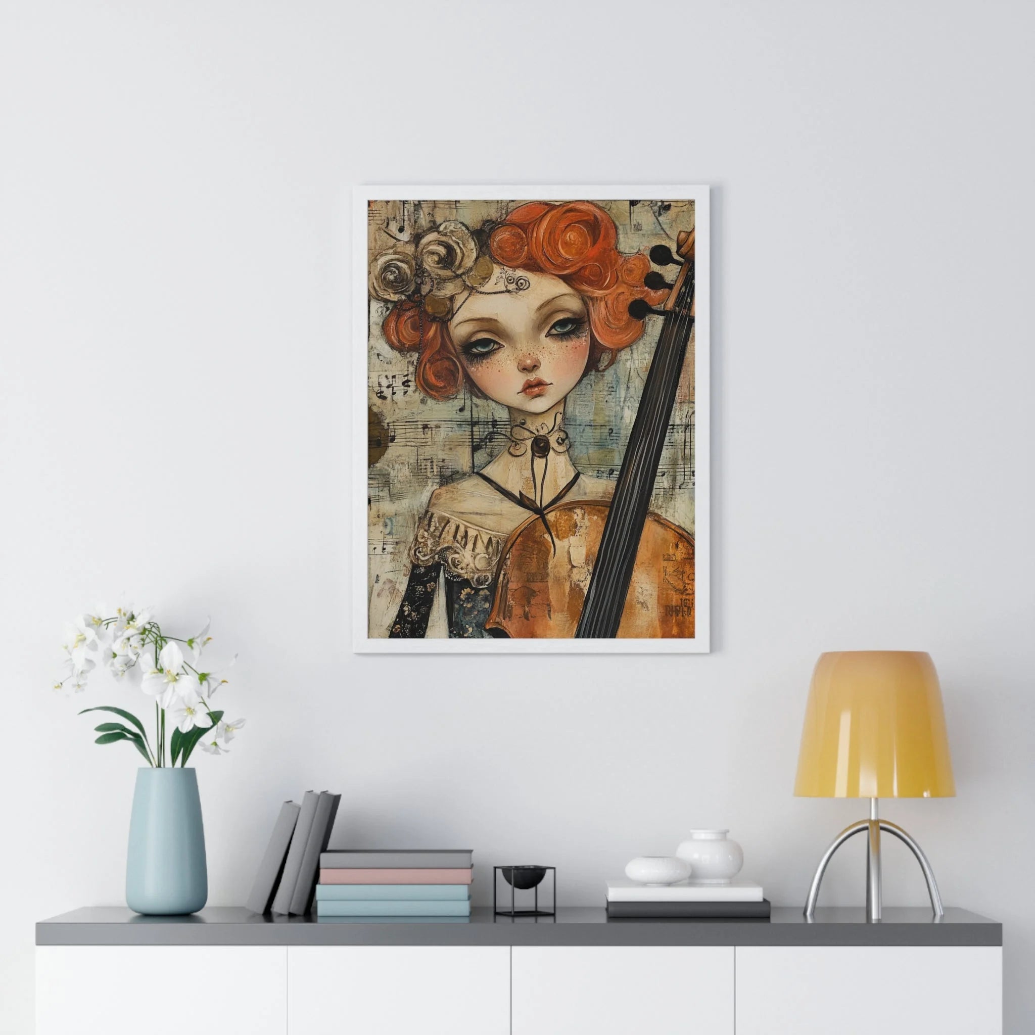 Buy The Best red-haired woman cello clock intricate By Artsulli x Color Printify - Whimsical Cellist Framed Art Print - 2025