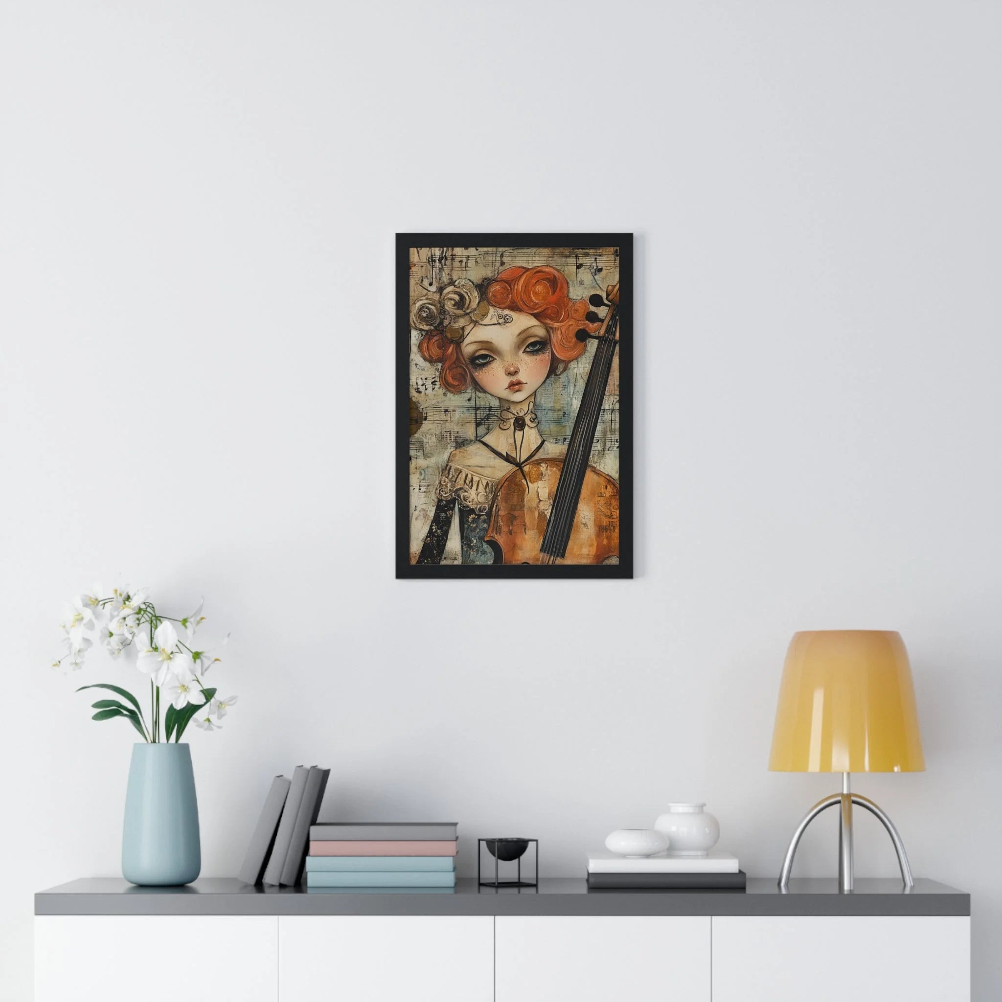 Buy The Best black framed artwork whimsical illustration By Artsulli x Color Printify - Whimsical Cellist Framed Art Print - 2025