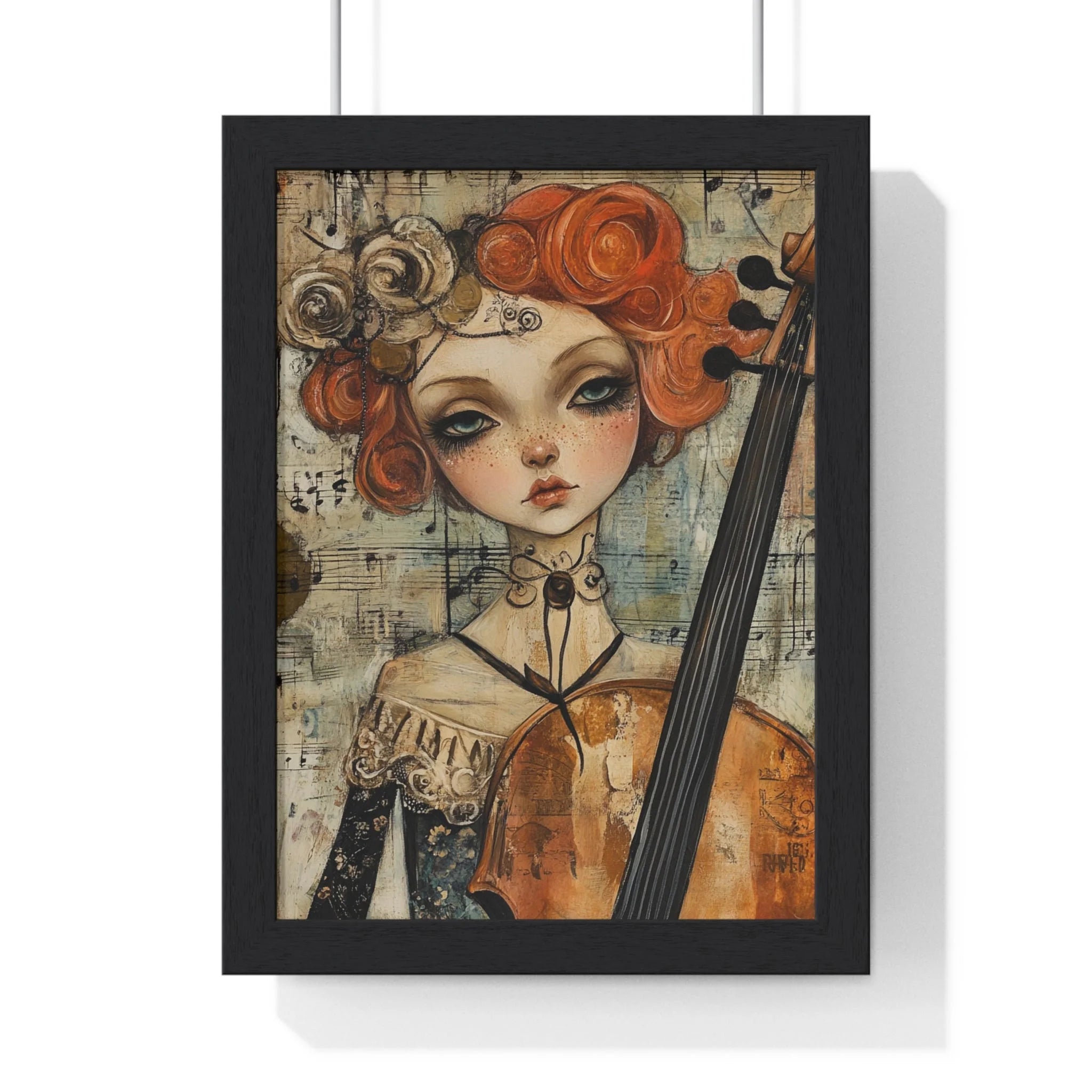Buy The Best black framed artwork woman red By Artsulli x Color Printify - Whimsical Cellist Framed Art Print - 2025