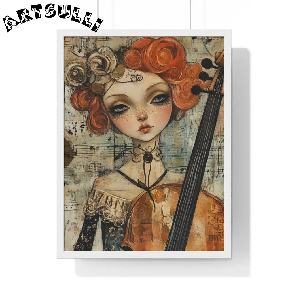 Whimsical Cellist Framed Art Print, Artsulli - Art is Long, Life is Short, Poster, Size, 18″ x 24″, Color, White, , , 28106907458161661946