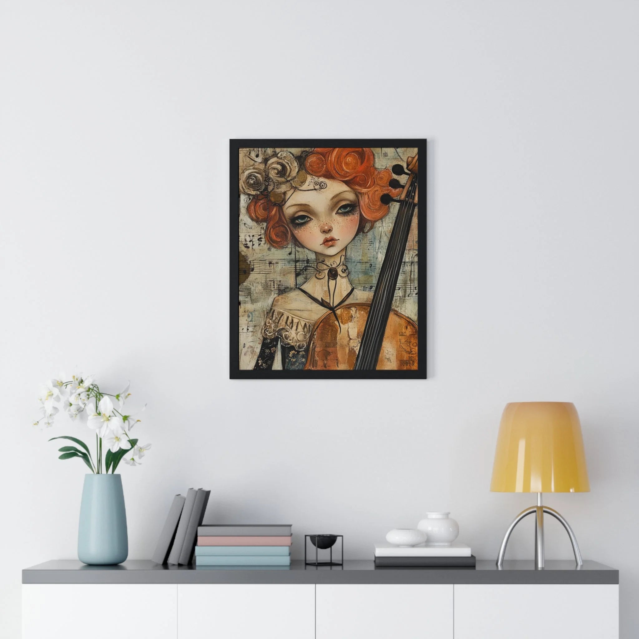 Buy The Best black framed artwork woman cello By Artsulli x Color Printify - Whimsical Cellist Framed Art Print - 2025