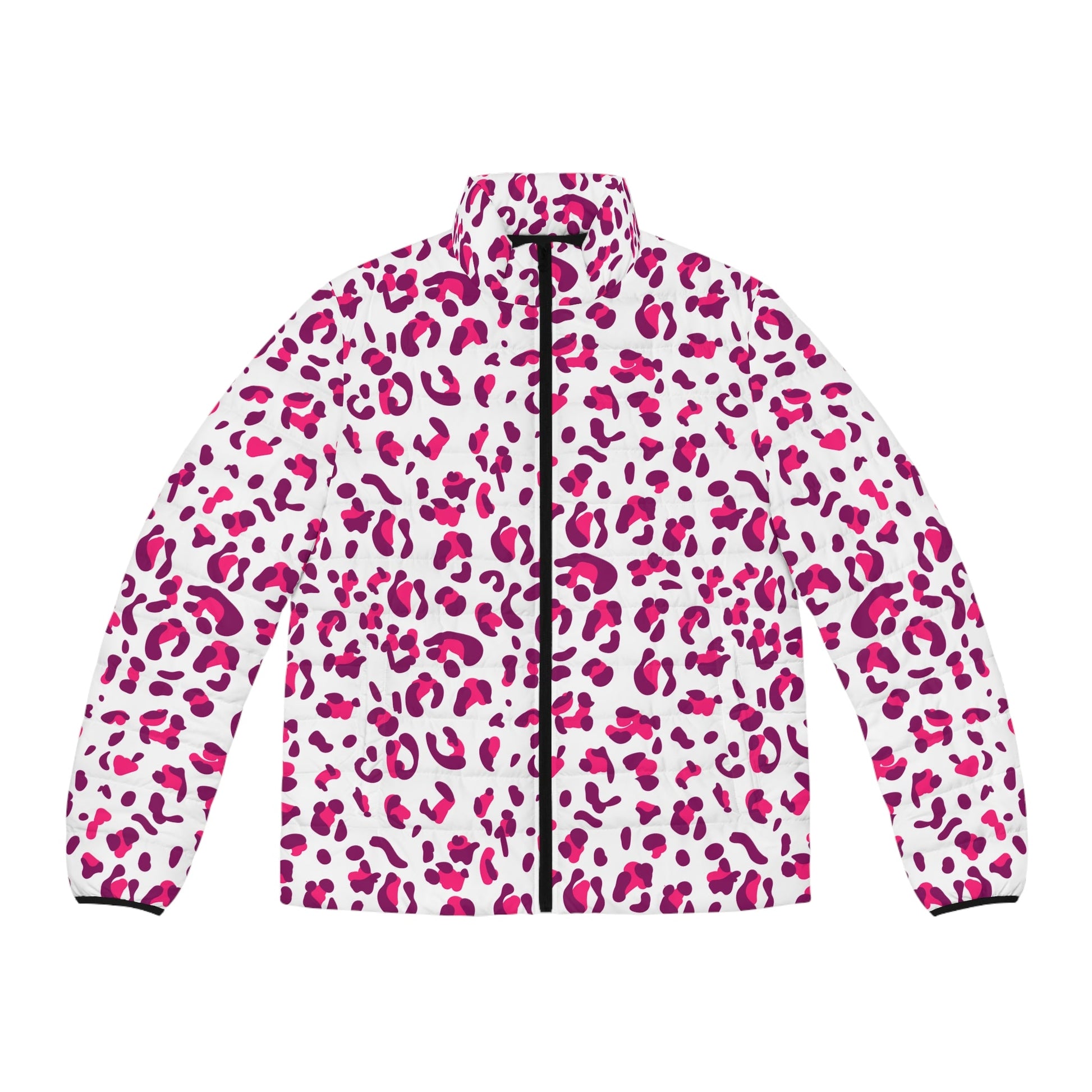 White and Fuchsia Leopard Print Puffer Jacket, Artsulli - Art is Long, Life is Short, All Over Prints, Size, S, Color, Black zipper, , , 86440952625790113151