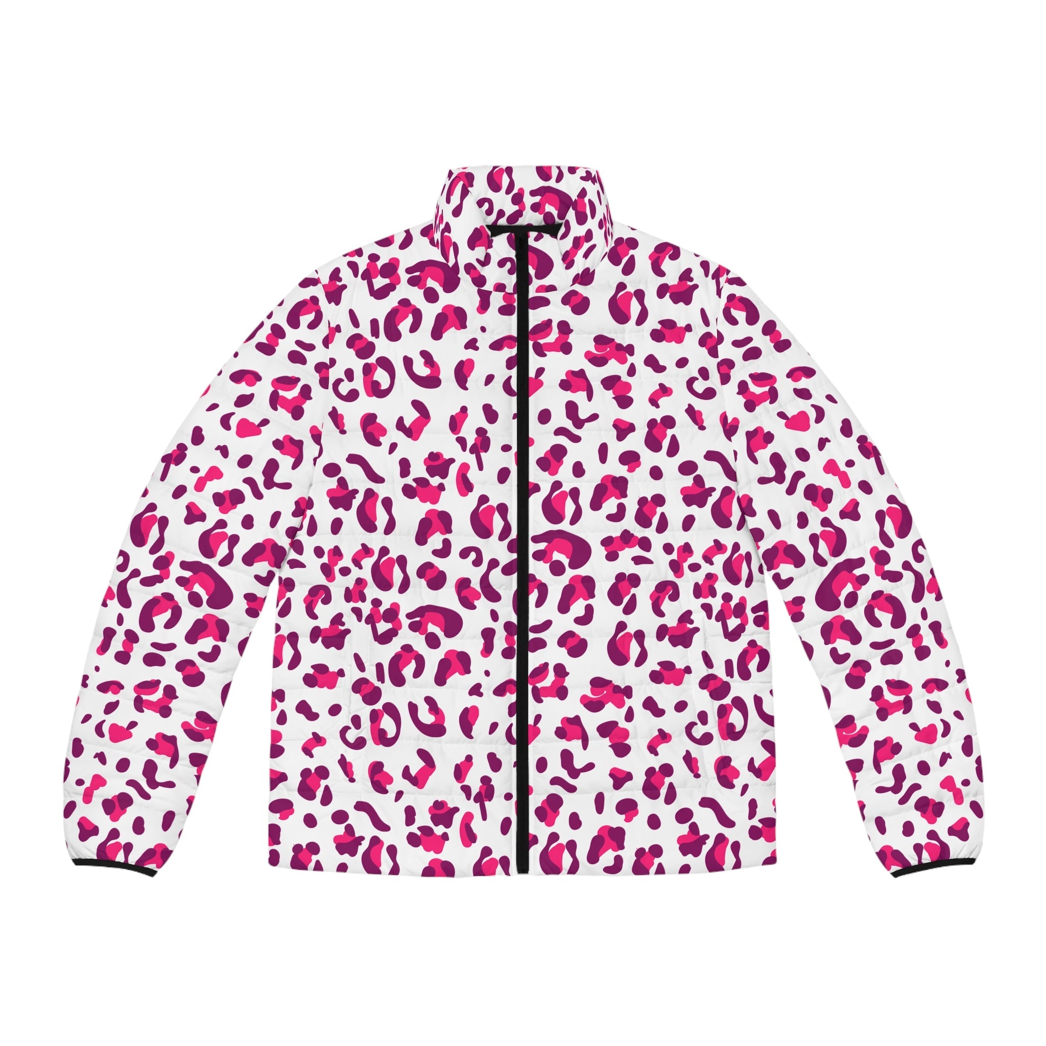 White and Fuchsia Leopard Print Puffer Jacket, Artsulli - Art is Long, Life is Short, All Over Prints, Size, S, Color, Black zipper, , , 86440952625790113151