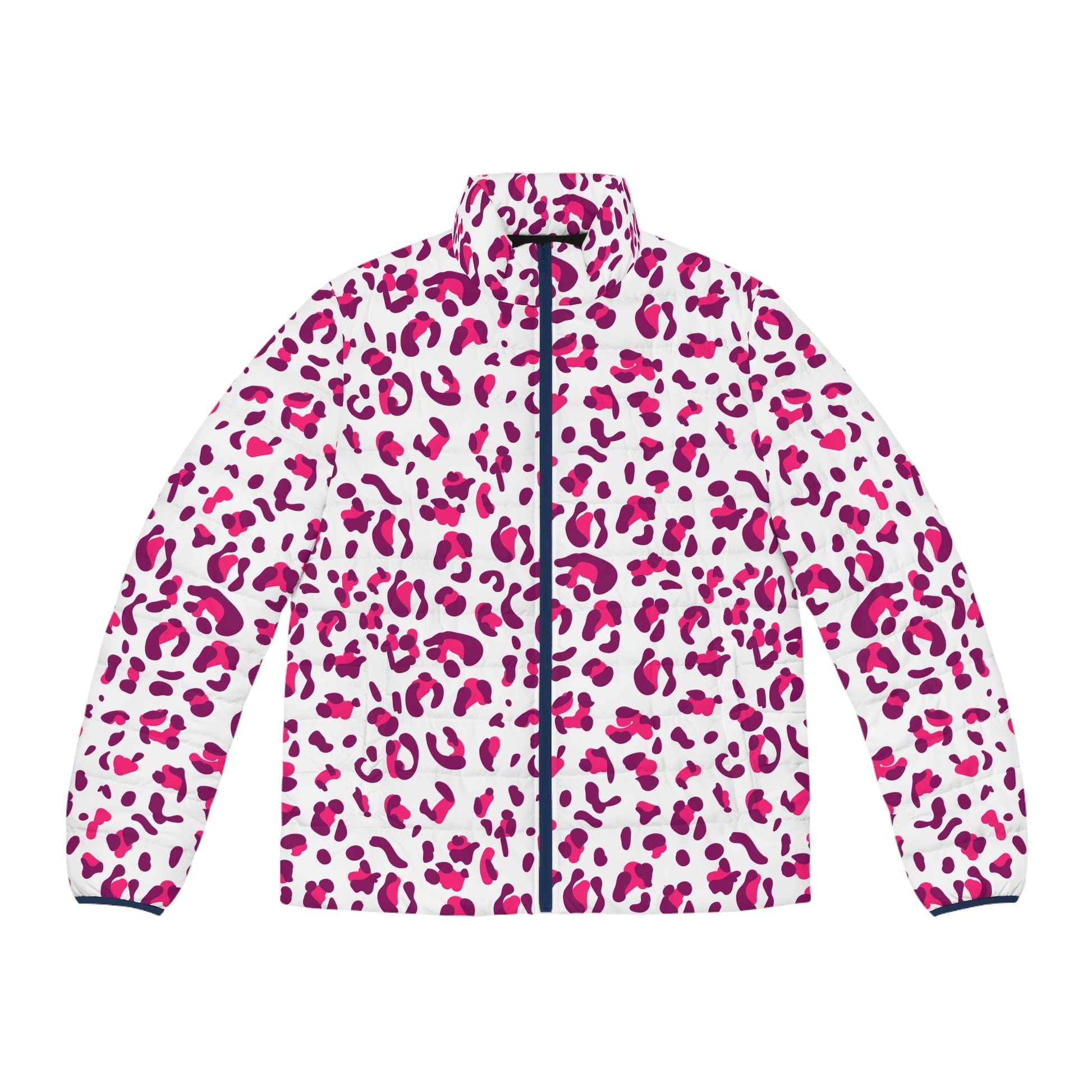 White and Fuchsia Leopard Print Puffer Jacket, Artsulli - Art is Long, Life is Short, All Over Prints, Size, S, Color, Dark blue zipper, , , 28040296427158963980