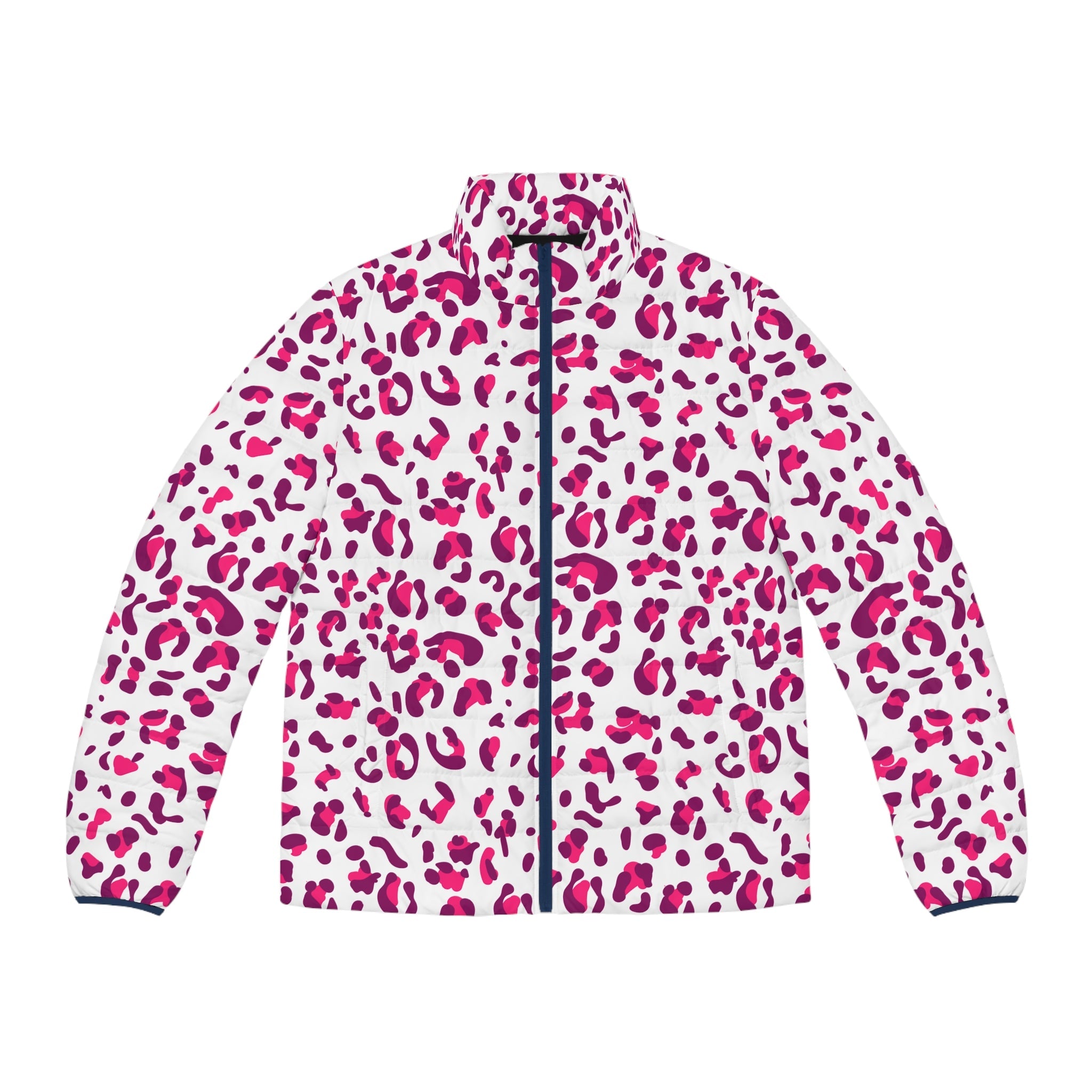 White and Fuchsia Leopard Print Puffer Jacket, Artsulli - Art is Long, Life is Short, All Over Prints, Size, S, Color, Dark blue zipper, , , 28040296427158963980