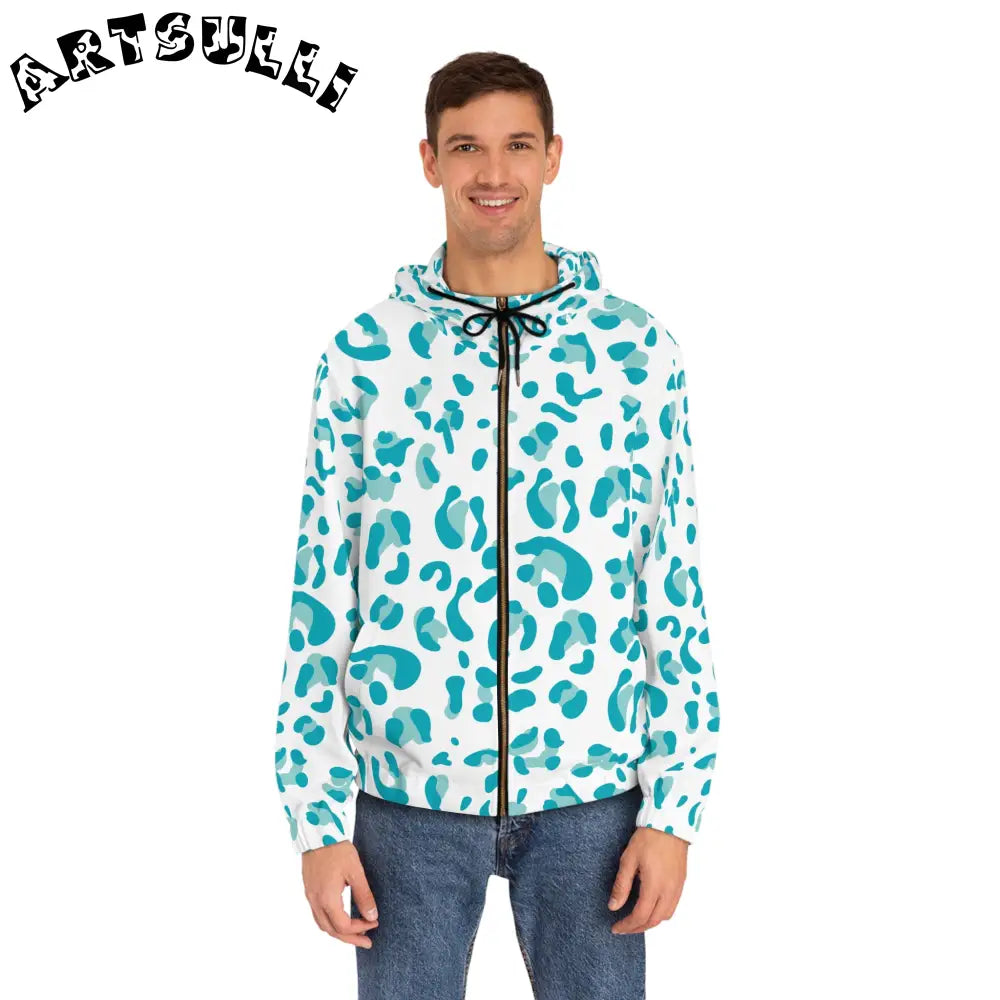 White and Teal Leopard Full Zip Hoodie, Artsulli - Art is Long, Life is Short, All Over Prints, , , , , , , 