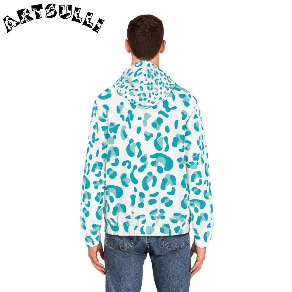 White and Teal Leopard Full Zip Hoodie, Artsulli - Art is Long, Life is Short, All Over Prints, , , , , , , 
