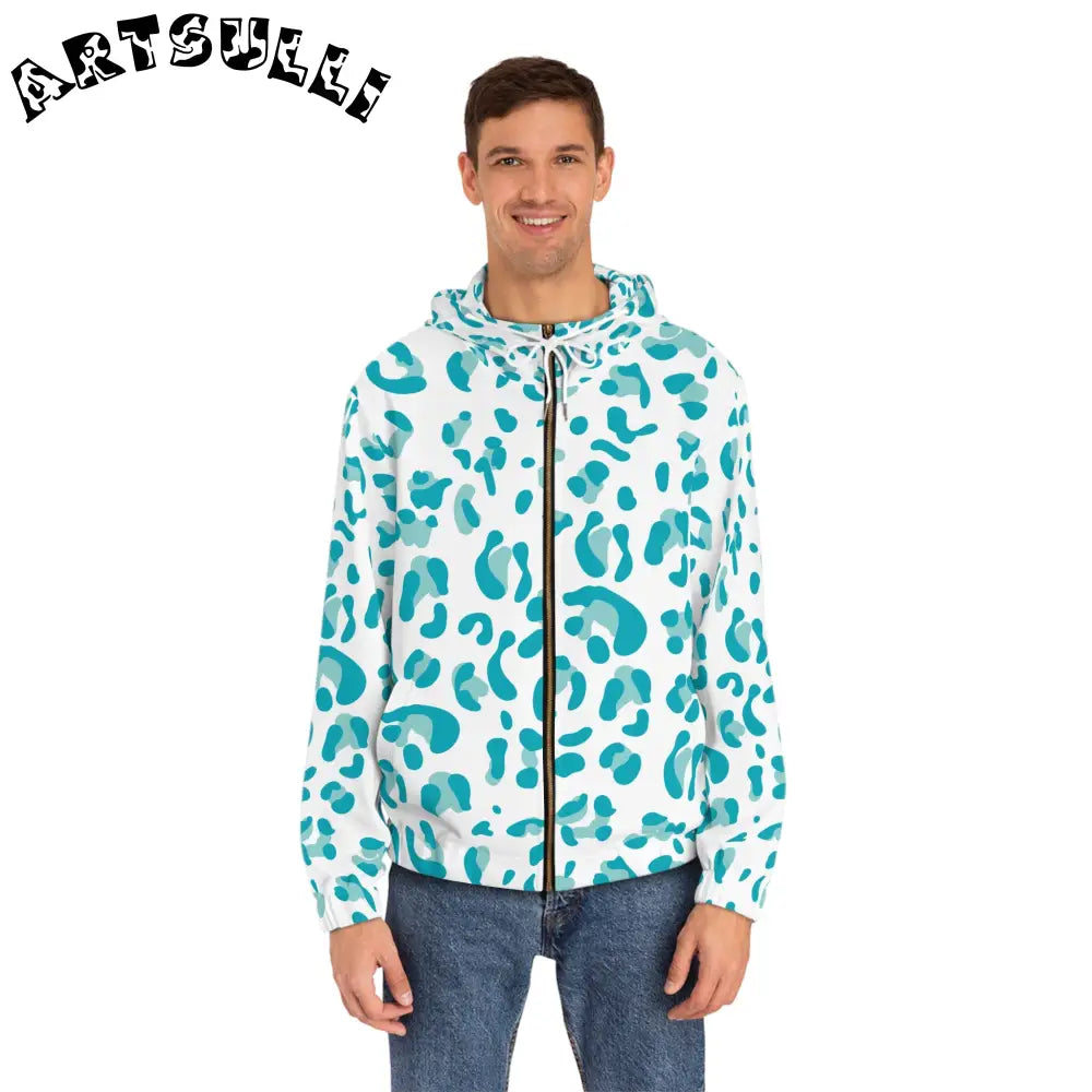 White and Teal Leopard Full Zip Hoodie, Artsulli - Art is Long, Life is Short, All Over Prints, , , , , , , 