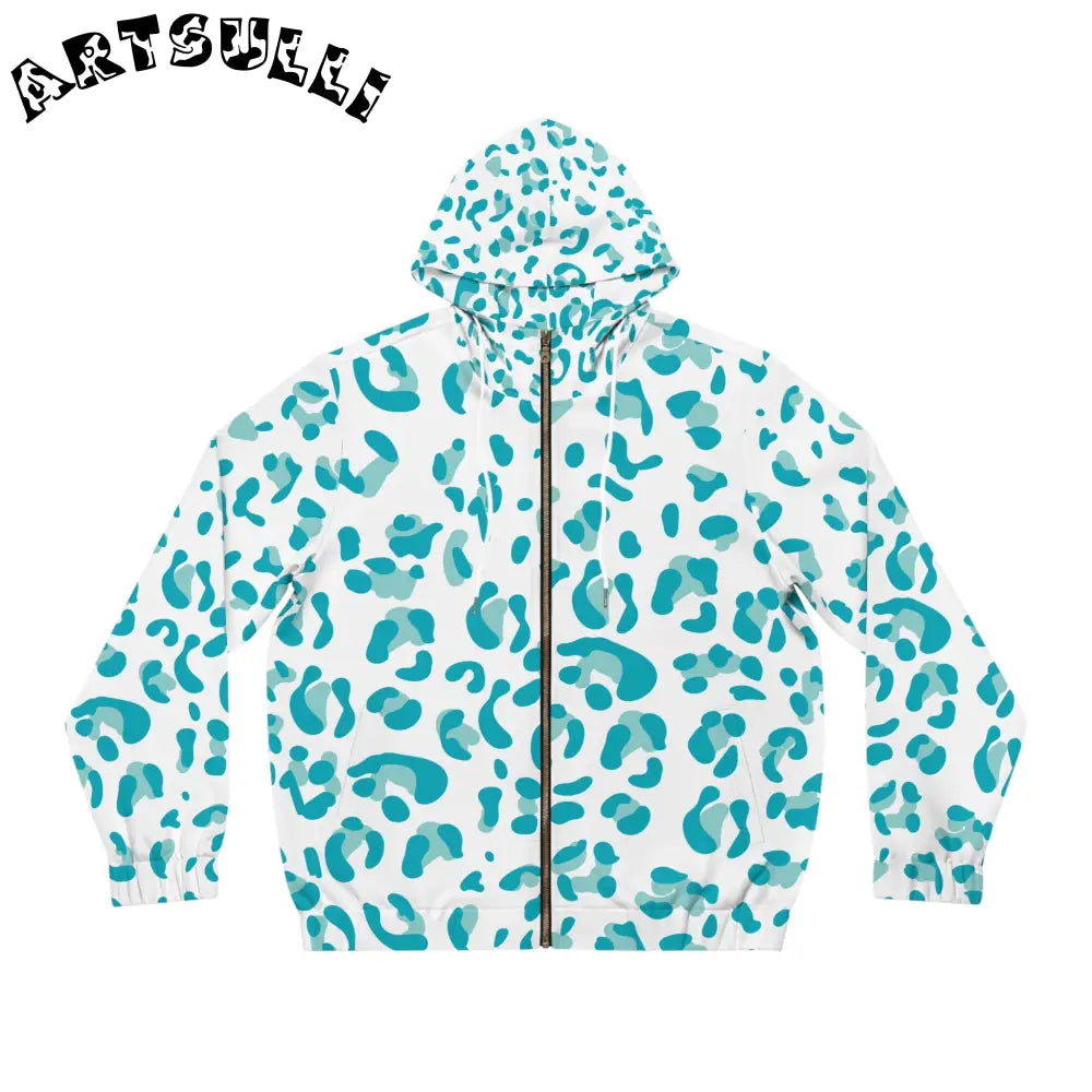 White and Teal Leopard Full Zip Hoodie, Artsulli - Art is Long, Life is Short, All Over Prints, Size, S, Color, White, , , 28882906497256271684