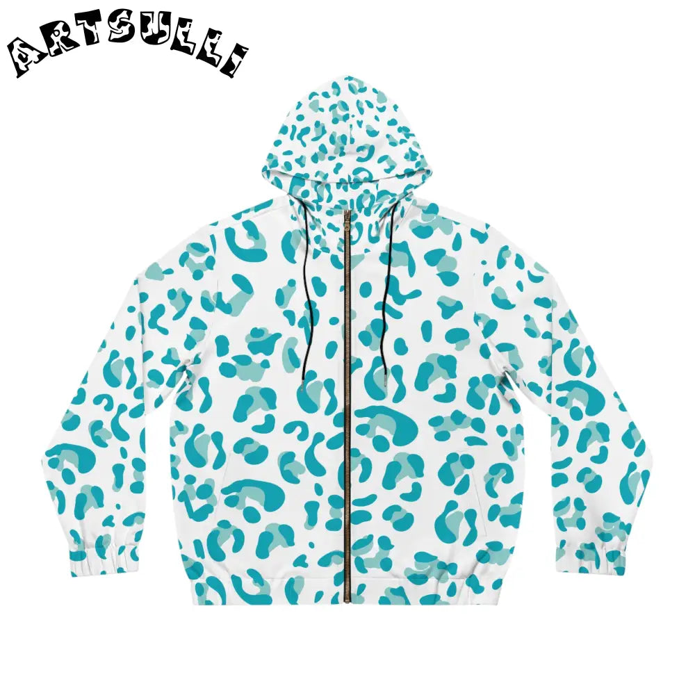 White and Teal Leopard Full Zip Hoodie, Artsulli - Art is Long, Life is Short, All Over Prints, Size, S, Color, Black, , , 25490471215872492381
