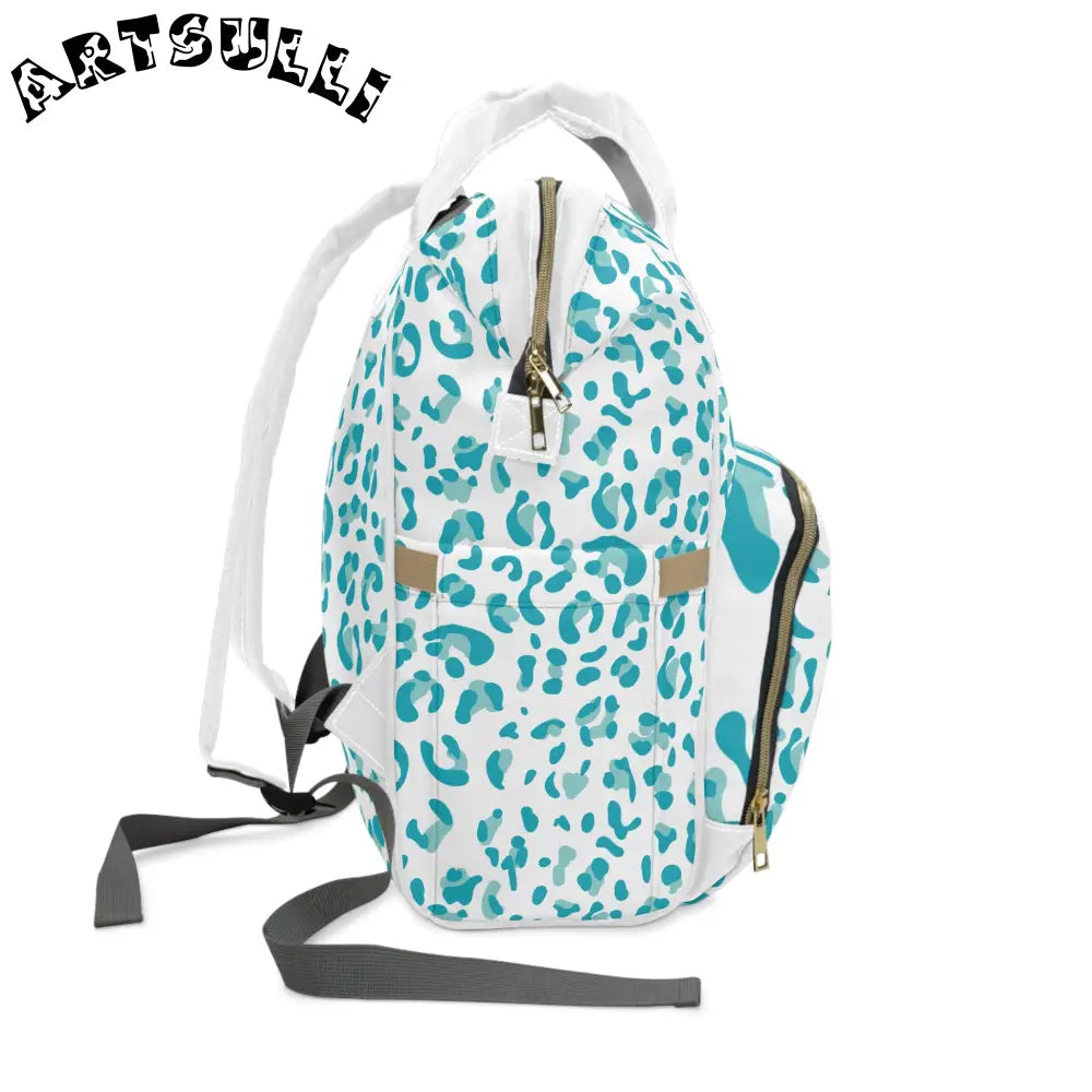 White and Teal Leopard Print Diaper Backpack, Artsulli - Art is Long, Life is Short, Bags, , , , , , , 