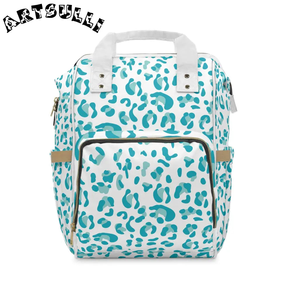 White and Teal Leopard Print Diaper Backpack, Artsulli - Art is Long, Life is Short, Bags, Size, 15.0" × 10.8" × 6.7'', , , , , 29198108121020691947