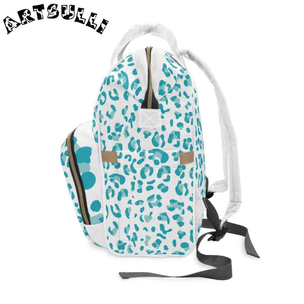 White and Teal Leopard Print Diaper Backpack, Artsulli - Art is Long, Life is Short, Bags, , , , , , , 