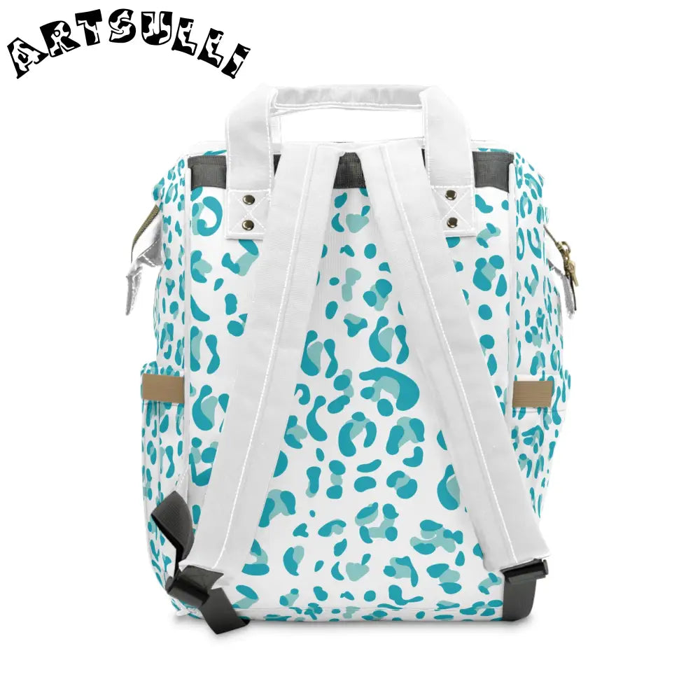 White and Teal Leopard Print Diaper Backpack, Artsulli - Art is Long, Life is Short, Bags, , , , , , , 