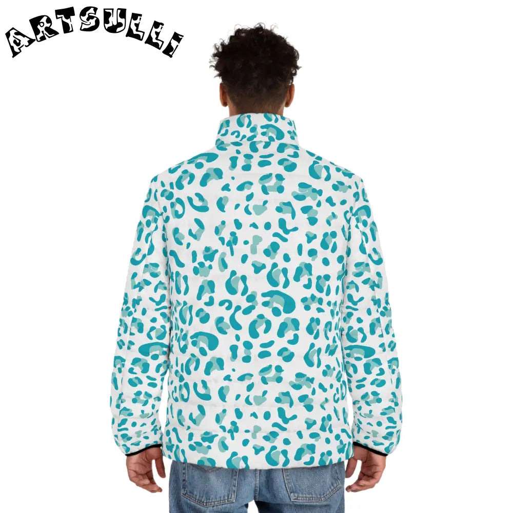 White and Teal Leopard Print Puffer Jacket, Artsulli - Art is Long, Life is Short, All Over Prints, , , , , , , 