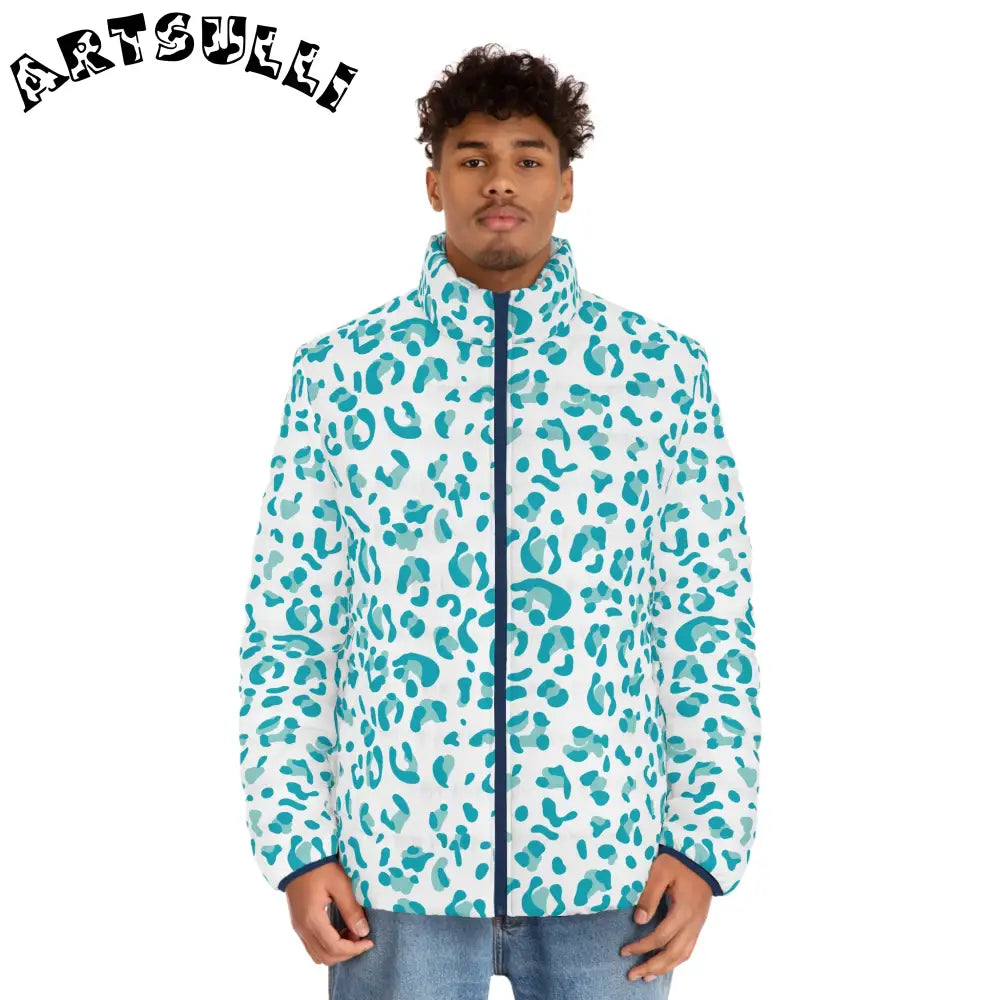 White and Teal Leopard Print Puffer Jacket, Artsulli - Art is Long, Life is Short, All Over Prints, , , , , , , 