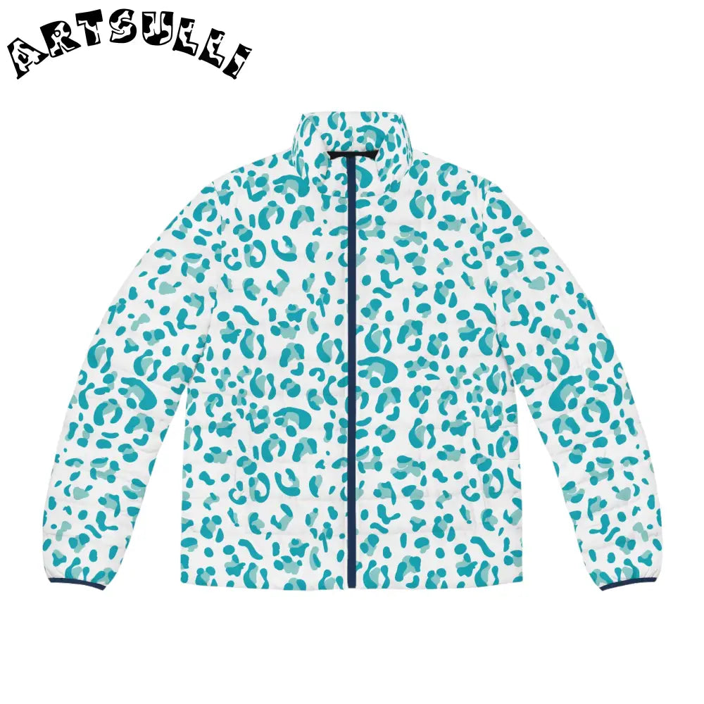 White and Teal Leopard Print Puffer Jacket, Artsulli - Art is Long, Life is Short, All Over Prints, Size, S, Color, Dark blue zipper, , , 31073633654451451227
