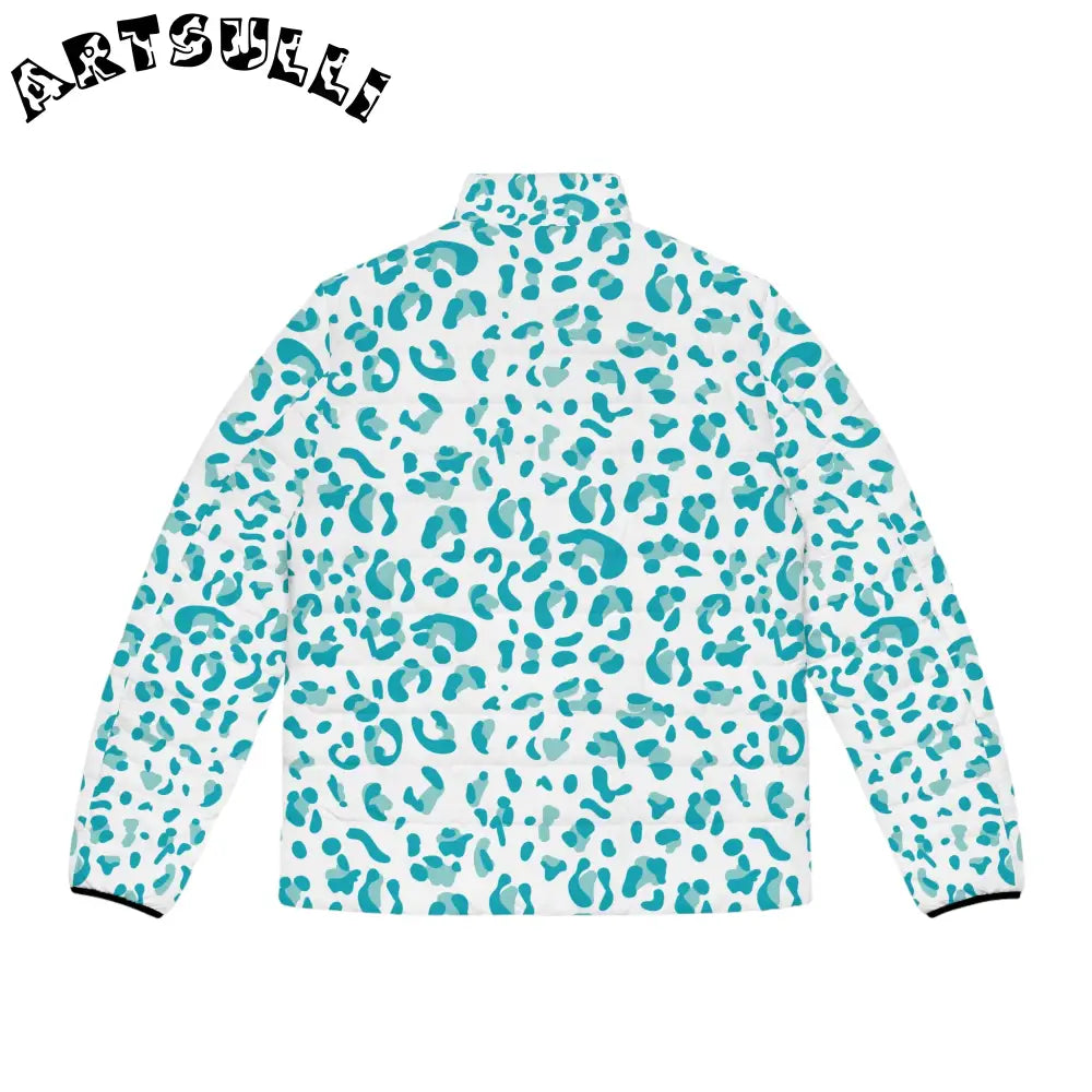 White and Teal Leopard Print Puffer Jacket, Artsulli - Art is Long, Life is Short, All Over Prints, , , , , , , 
