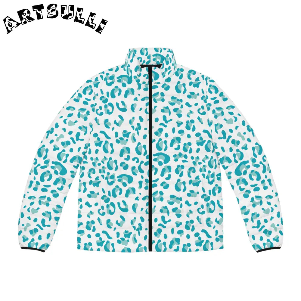 White and Teal Leopard Print Puffer Jacket, Artsulli - Art is Long, Life is Short, All Over Prints, Size, S, Color, Black zipper, , , 18808918321504462718