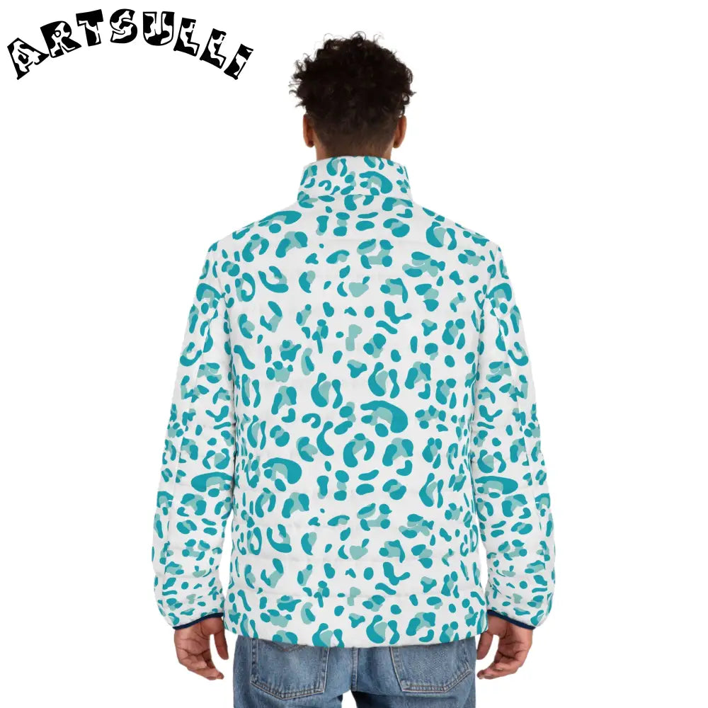 White and Teal Leopard Print Puffer Jacket, Artsulli - Art is Long, Life is Short, All Over Prints, , , , , , , 