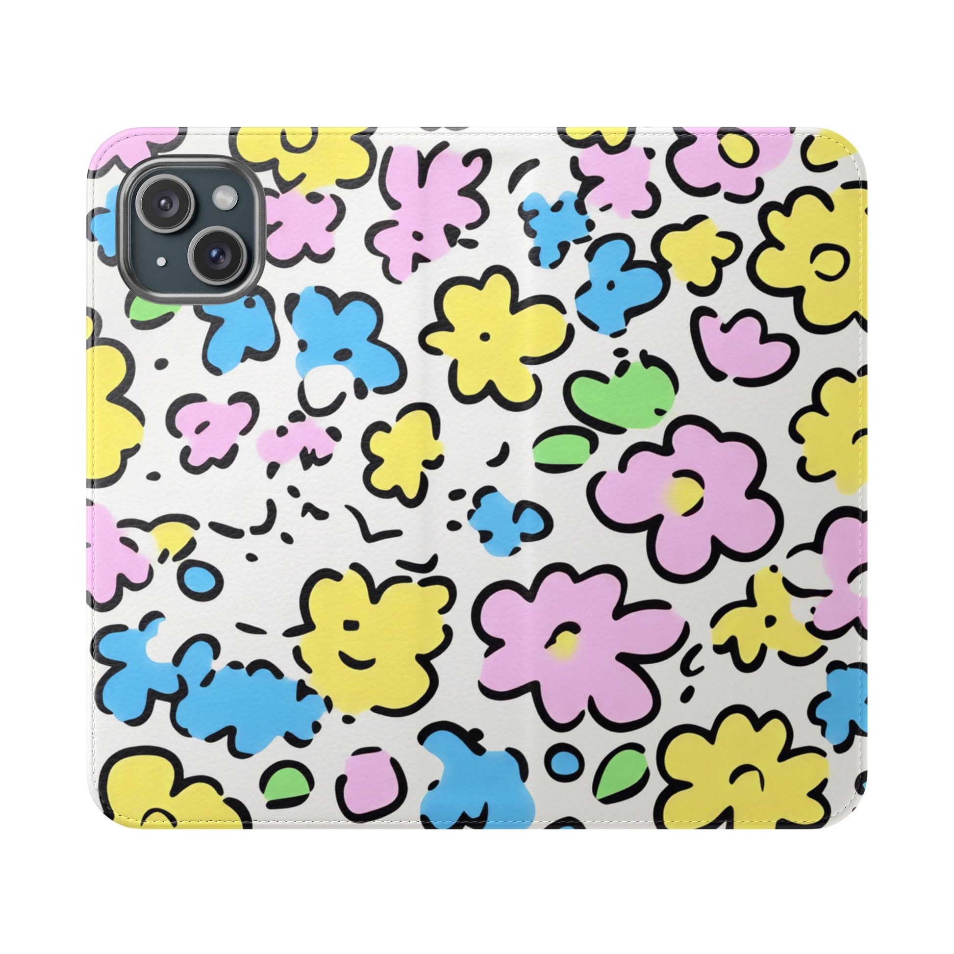 White Colorful Floral Flip Cases, Artsulli - Art is Long, Life is Short, Phone Case, Size, iPhone 15 Plus, , , , , 33526932568097721749