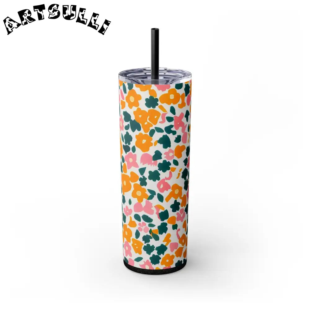 White Floral Maars Skinny Tumbler, Artsulli - Art is Long, Life is Short, Mug, Finish, Glossy, Color, Glitter Black, Size, 20oz, 15308541868437654948