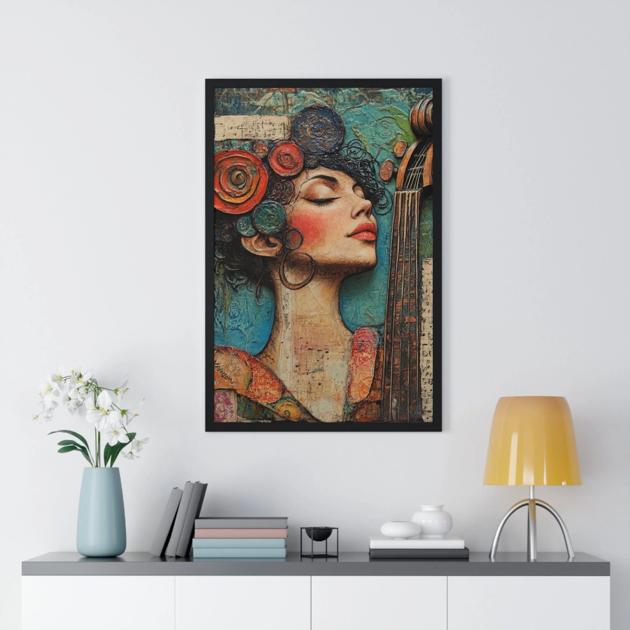 Buy The Best black framed guitar art print By Artsulli x Color Printify - Woman and Cello Framed Art Print - 2025