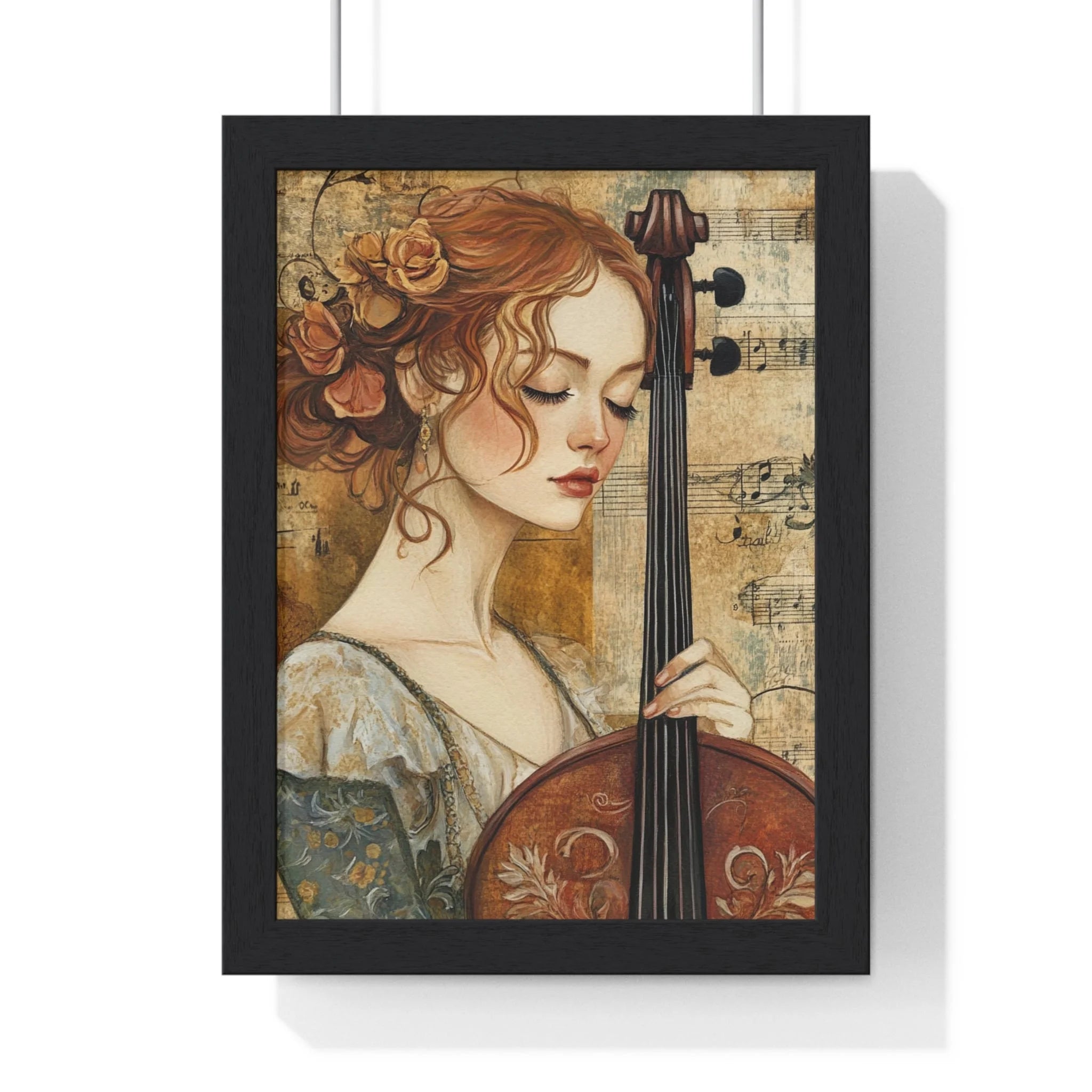 Buy The Best red gold cello floral design By Artsulli x Color Printify - Woman Playing Cello Wood-Framed Poster - 2025