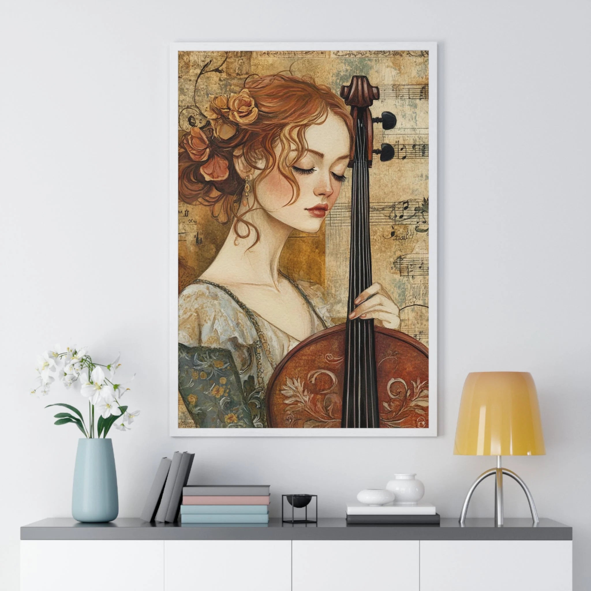 Buy The Best brown wooden cello floral design By Artsulli x Color Printify - Woman Playing Cello Wood-Framed Poster - 2025