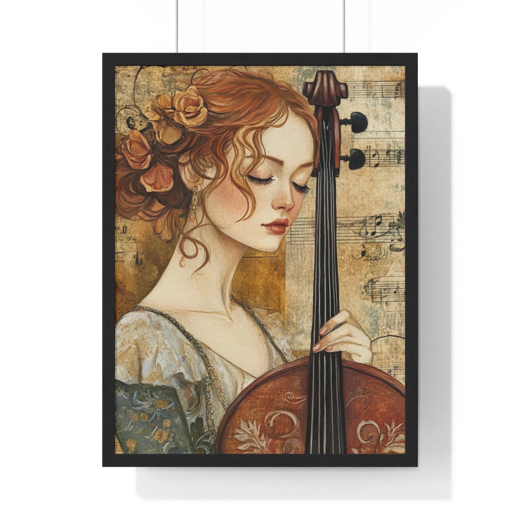 Buy The Best cello intricate floral design dark By Artsulli x Color Printify - Woman Playing Cello Wood-Framed Poster - 2025