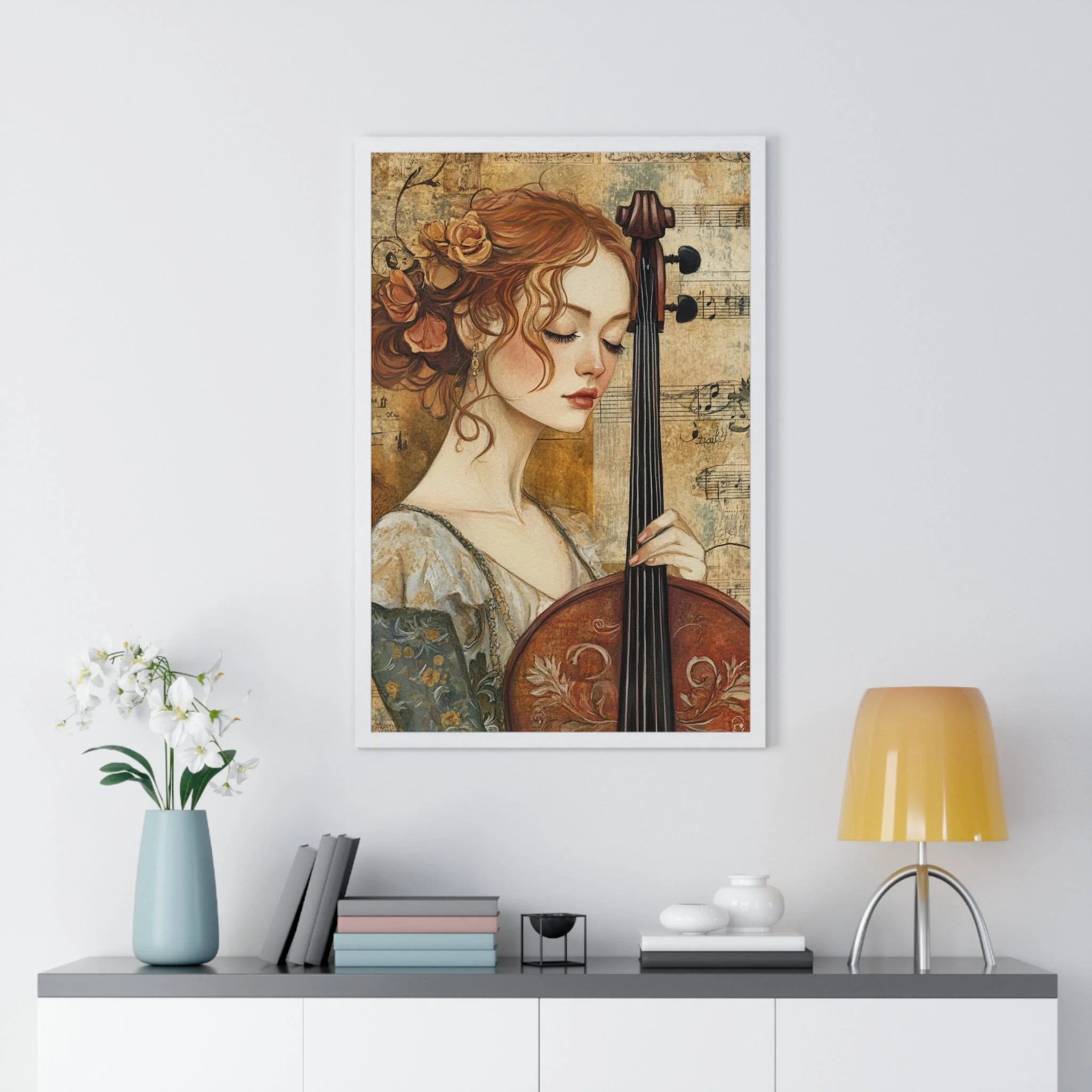 Buy The Best vintage-style cello art print floral By Artsulli x Color Printify - Woman Playing Cello Wood-Framed Poster - 2025