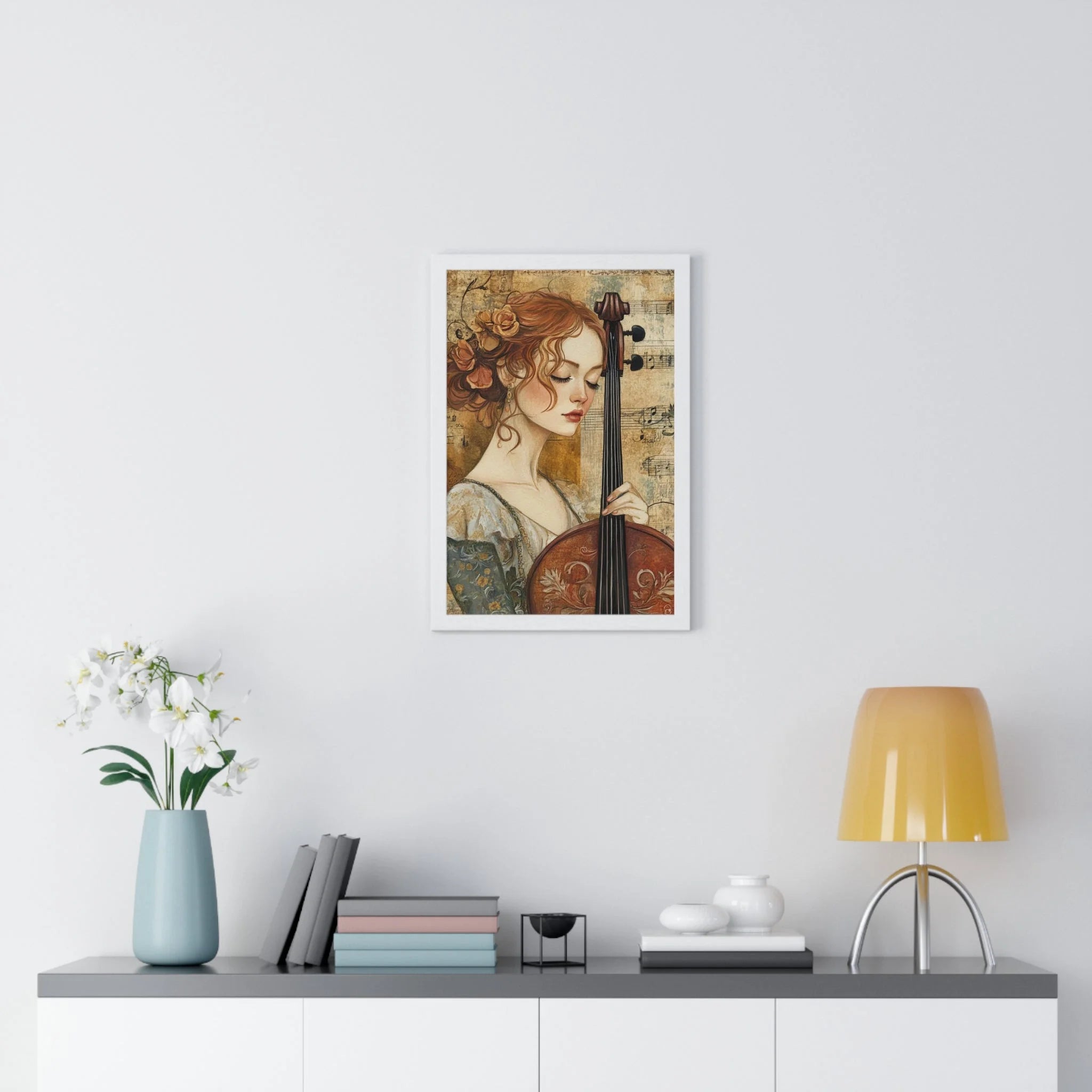 Buy The Best white framed artwork woman cello By Artsulli x Color Printify - Woman Playing Cello Wood-Framed Poster - 2025