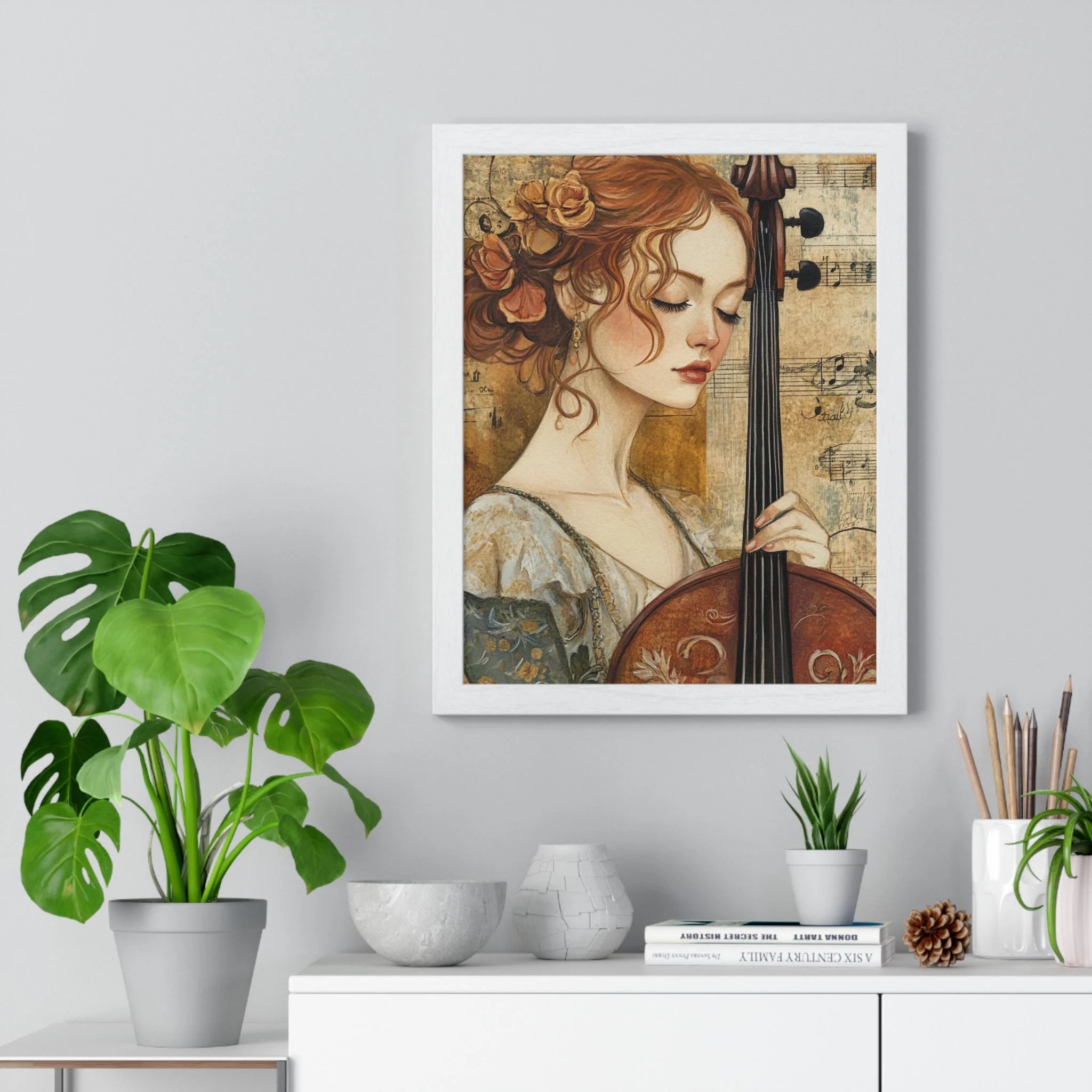 Buy The Best white framed artwork woman cello By Artsulli x Color Printify - Woman Playing Cello Wood-Framed Poster - 2025